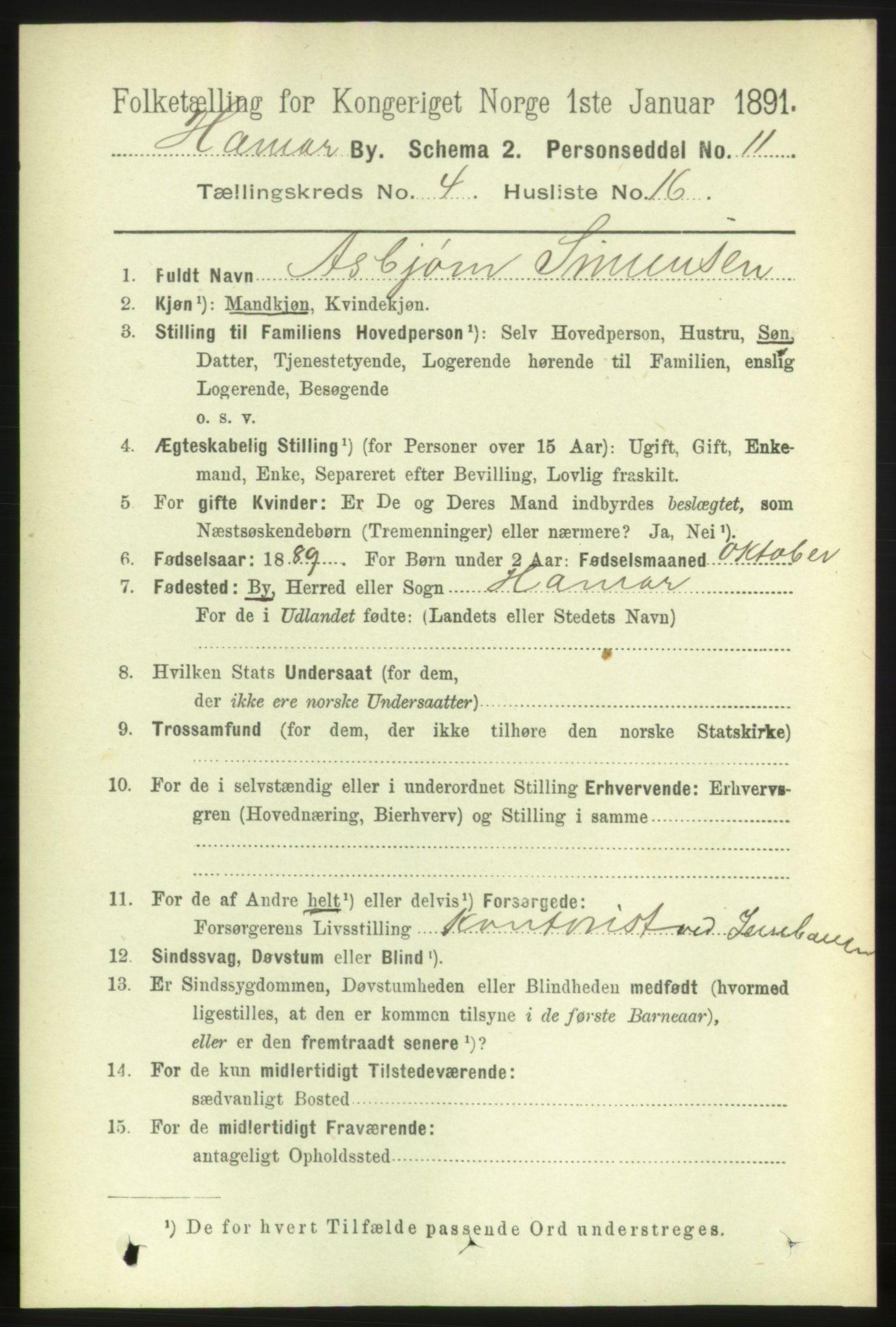RA, 1891 census for 0401 Hamar, 1891, p. 3083