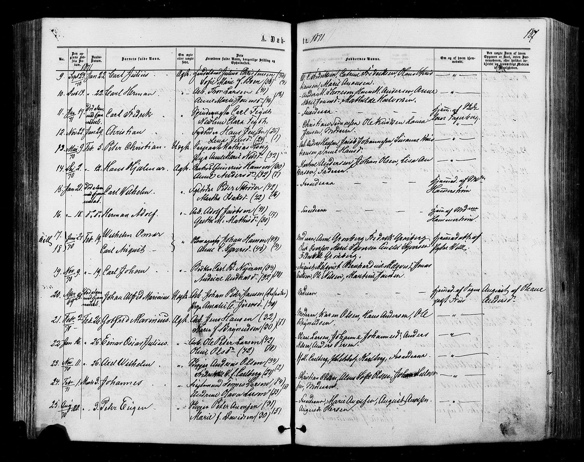 Halden prestekontor Kirkebøker, AV/SAO-A-10909/F/Fa/L0009: Parish register (official) no. I 9, 1866-1877, p. 187