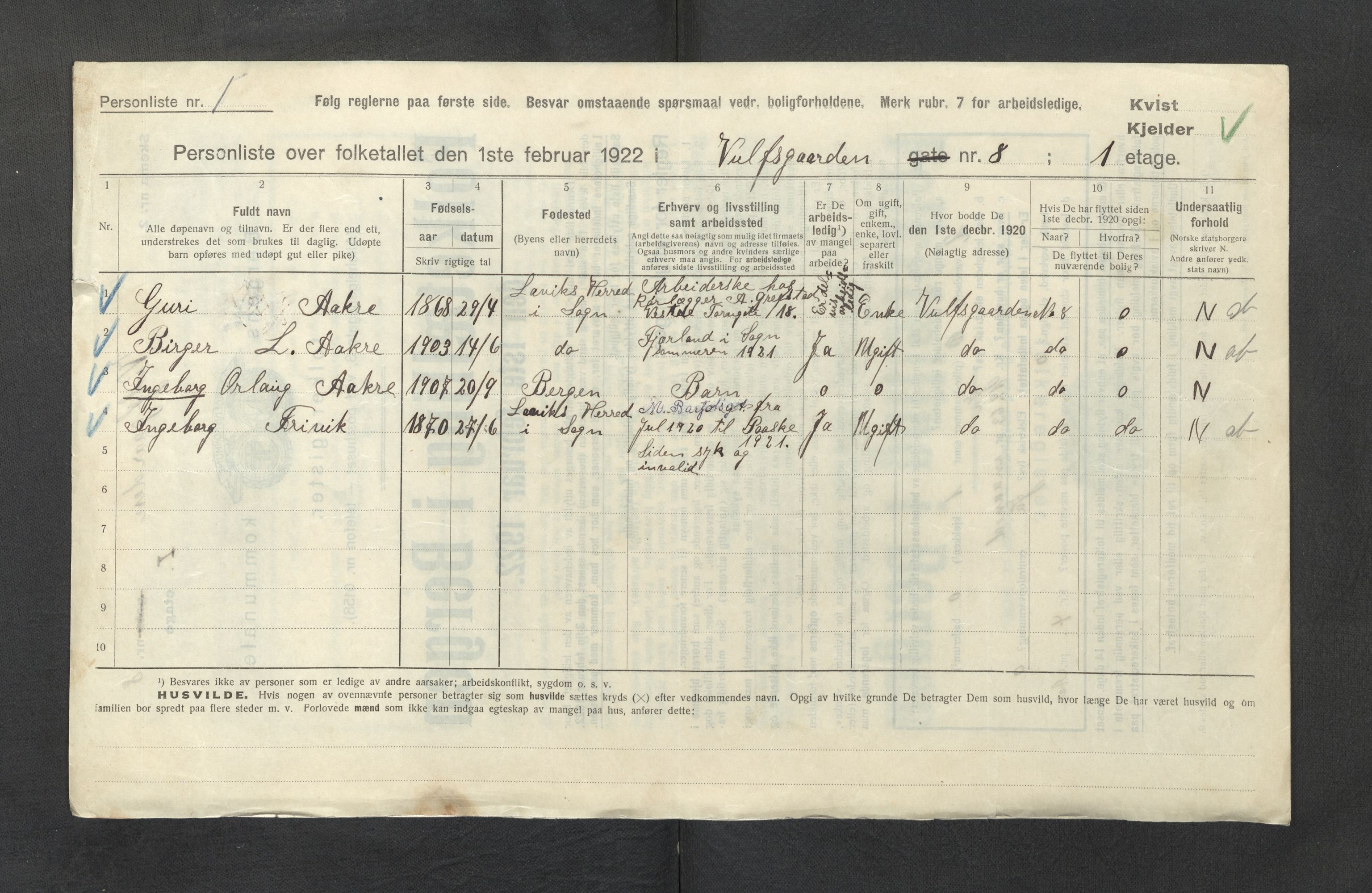 SAB, Municipal Census 1922 for Bergen, 1922, p. 47792