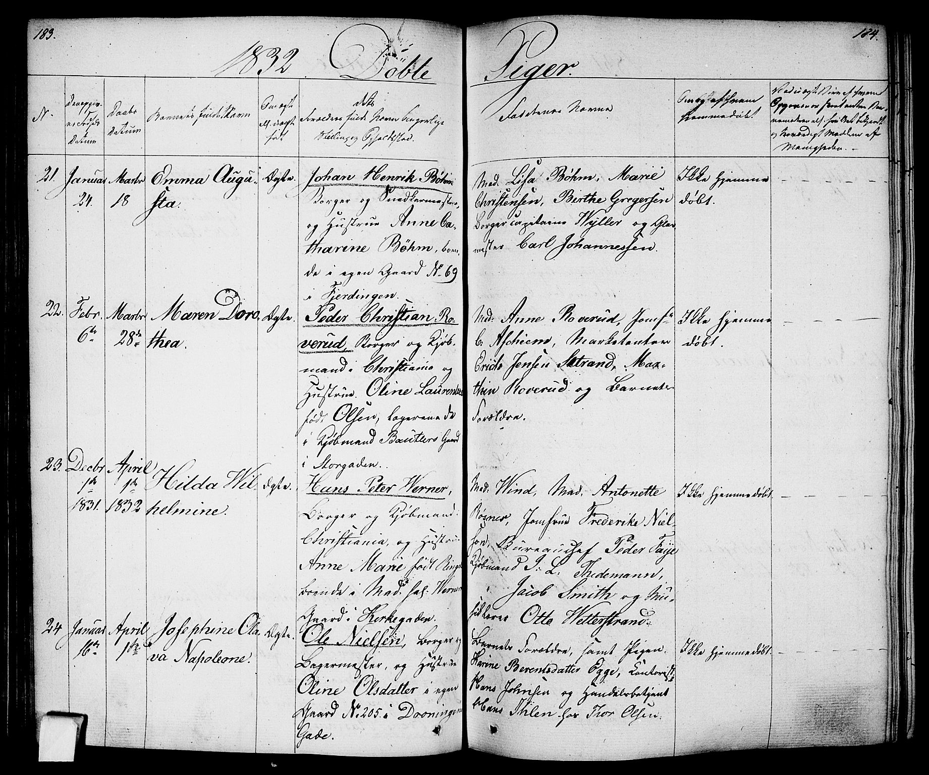 Oslo domkirke Kirkebøker, AV/SAO-A-10752/F/Fa/L0011: Parish register (official) no. 11, 1830-1836, p. 183-184