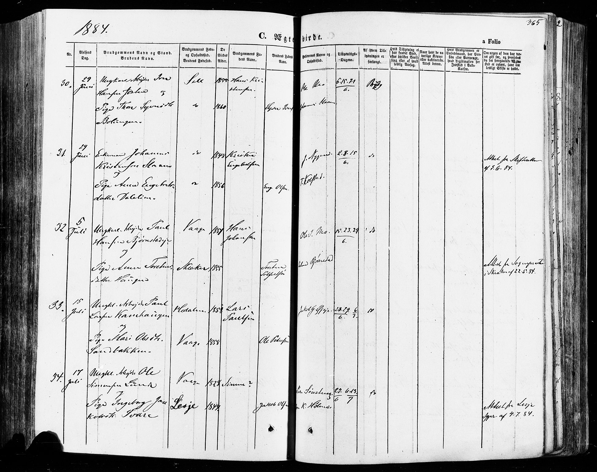 Vågå prestekontor, AV/SAH-PREST-076/H/Ha/Haa/L0007: Parish register (official) no. 7 /1, 1872-1886, p. 365