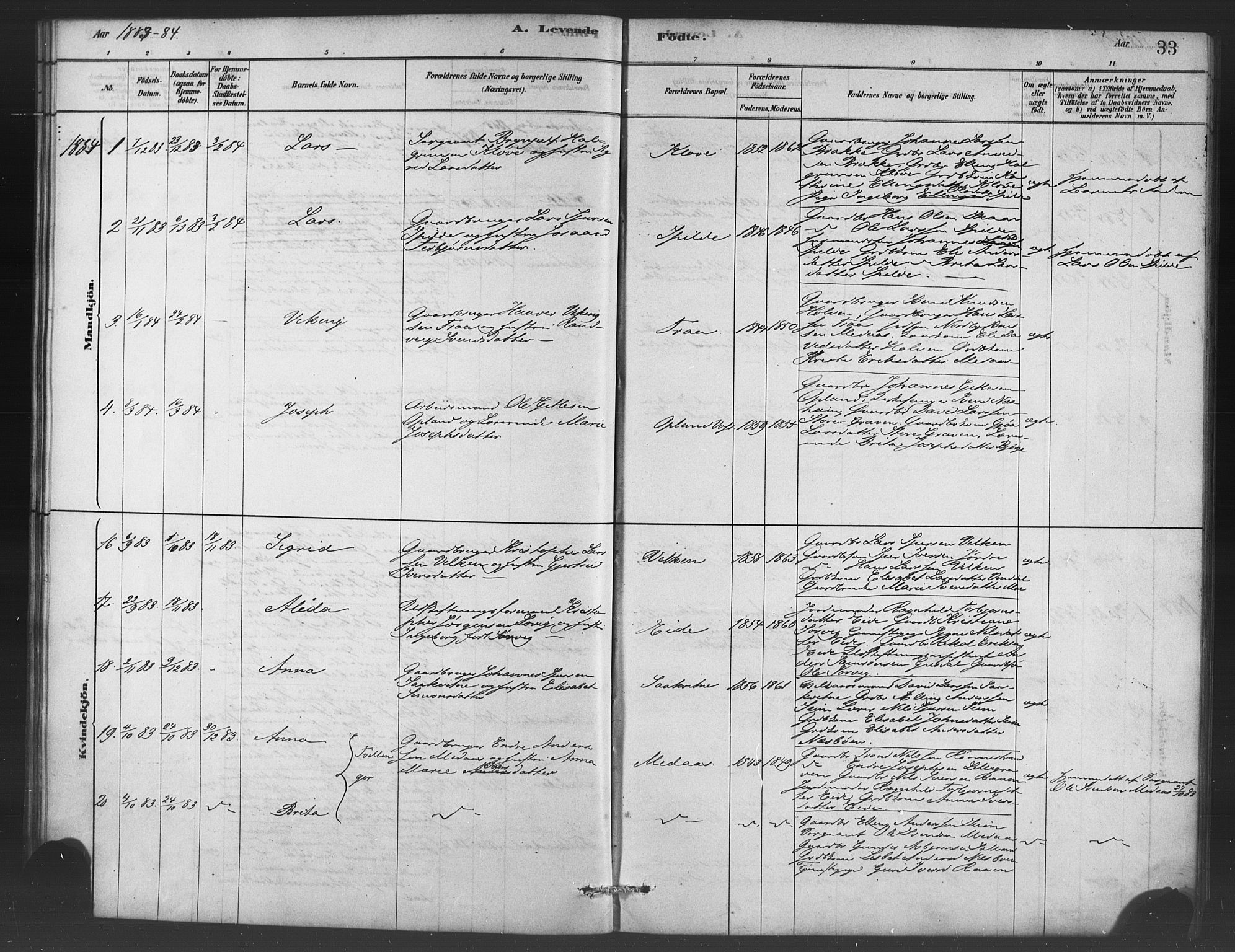 Ulvik sokneprestembete, SAB/A-78801/H/Haa: Parish register (official) no. C 1, 1878-1903, p. 33
