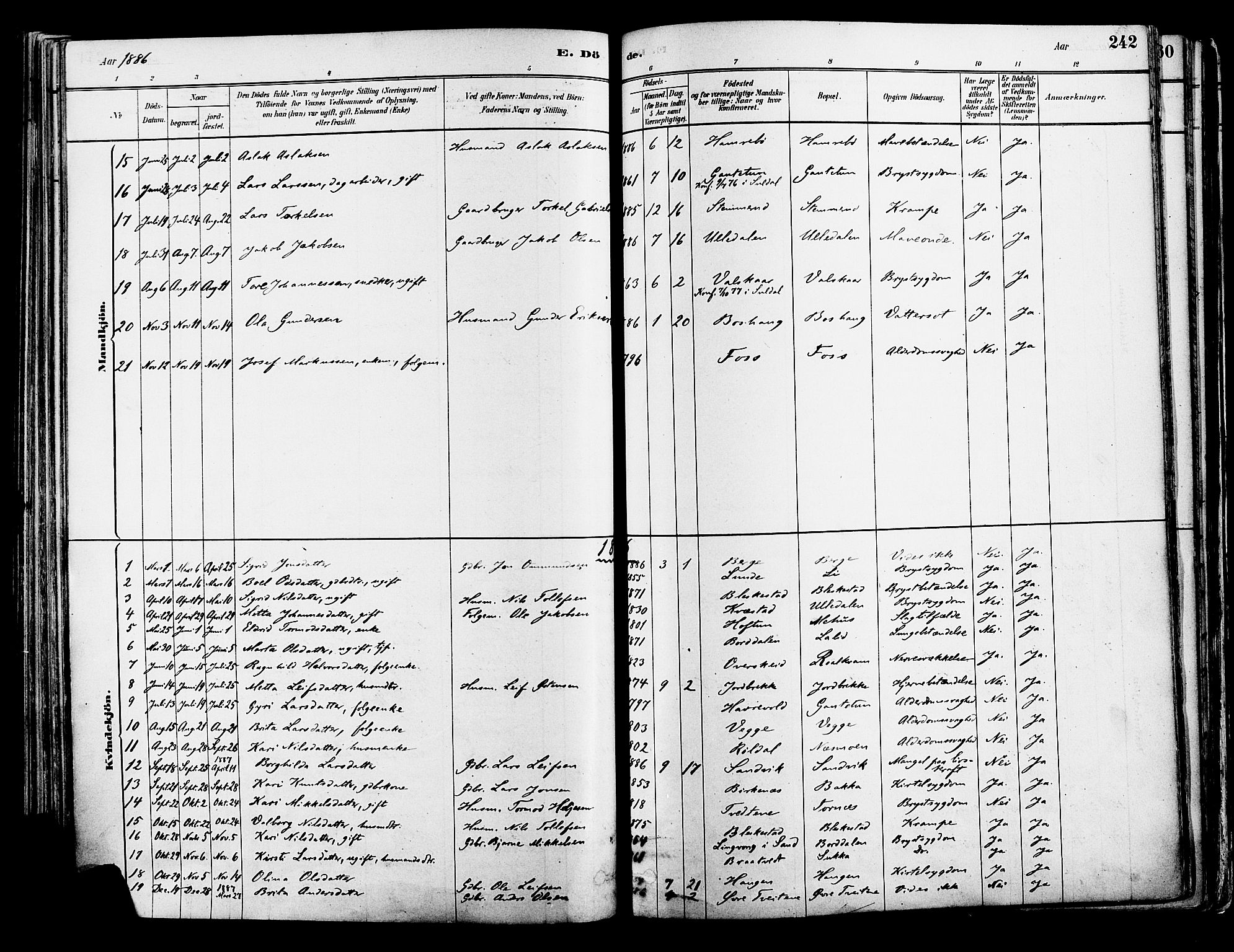 Suldal sokneprestkontor, AV/SAST-A-101845/01/IV/L0011: Parish register (official) no. A 11, 1878-1900, p. 242