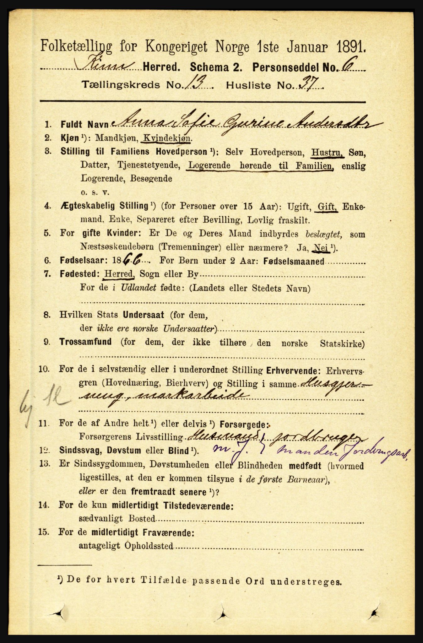 RA, 1891 census for 1437 Kinn, 1891, p. 5313