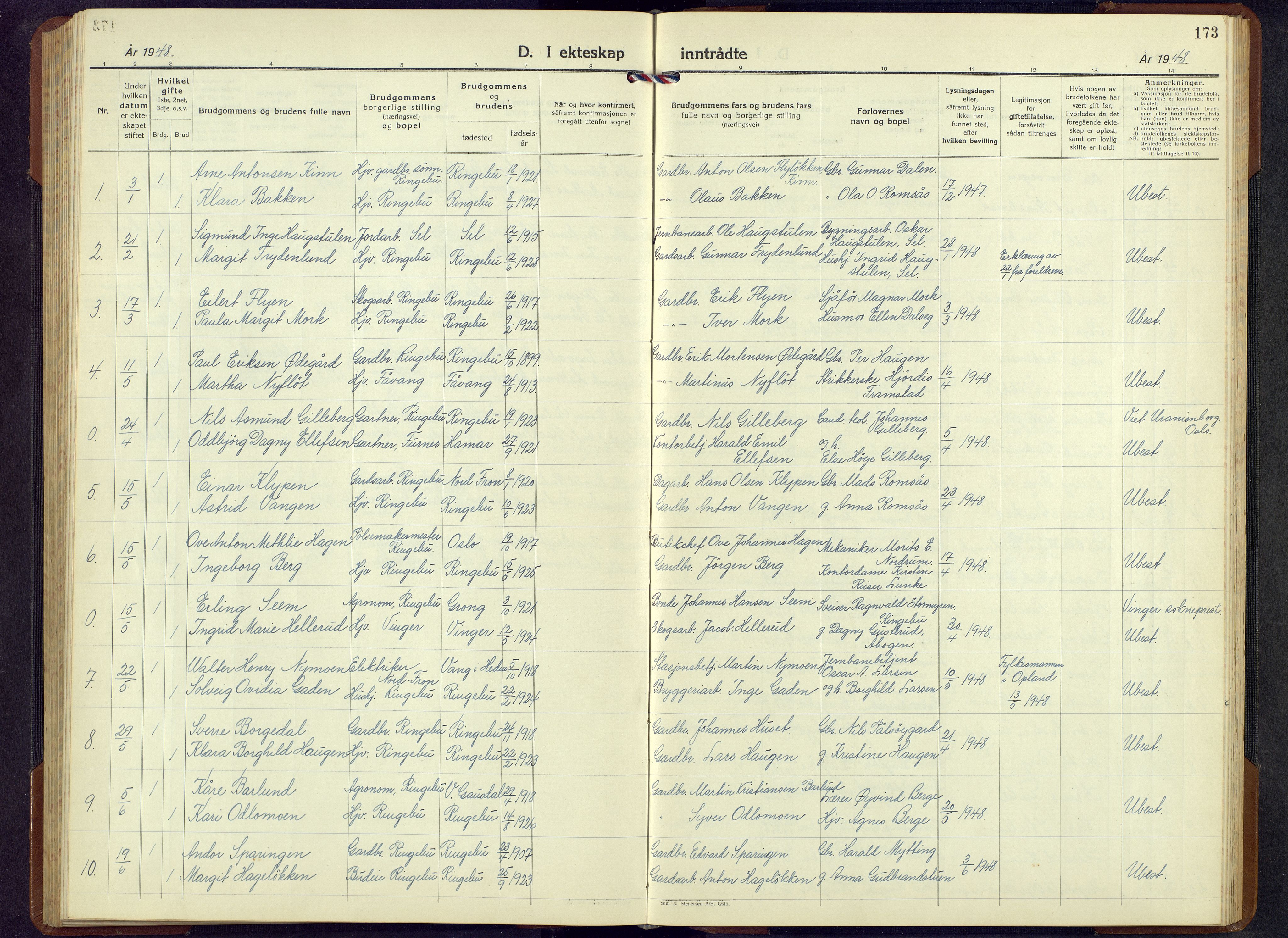 Ringebu prestekontor, SAH/PREST-082/H/Ha/Hab/L0013: Parish register (copy) no. 13, 1943-1956, p. 173