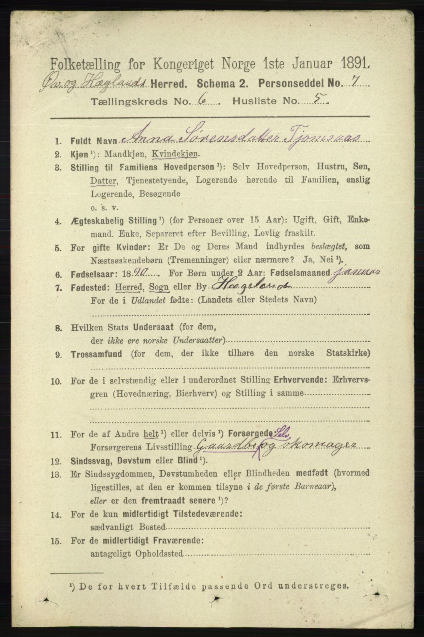 RA, 1891 census for 1016 Øvrebø og Hægeland, 1891, p. 1198