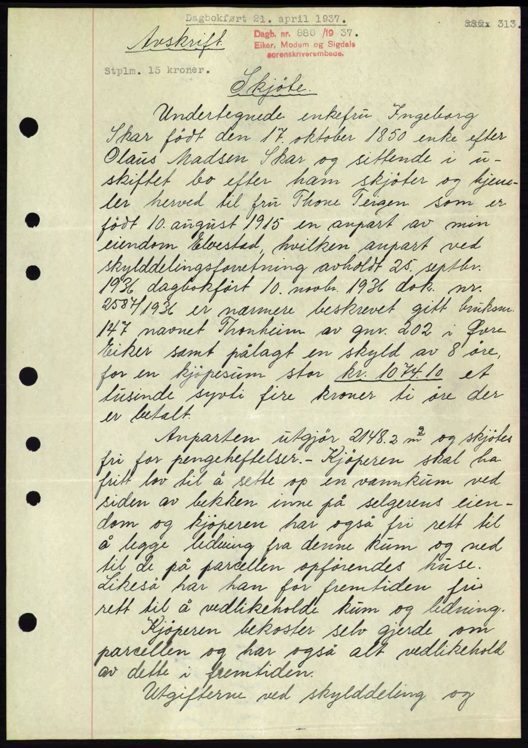 Eiker, Modum og Sigdal sorenskriveri, SAKO/A-123/G/Ga/Gab/L0035: Mortgage book no. A5, 1937-1937, Diary no: : 880/1937