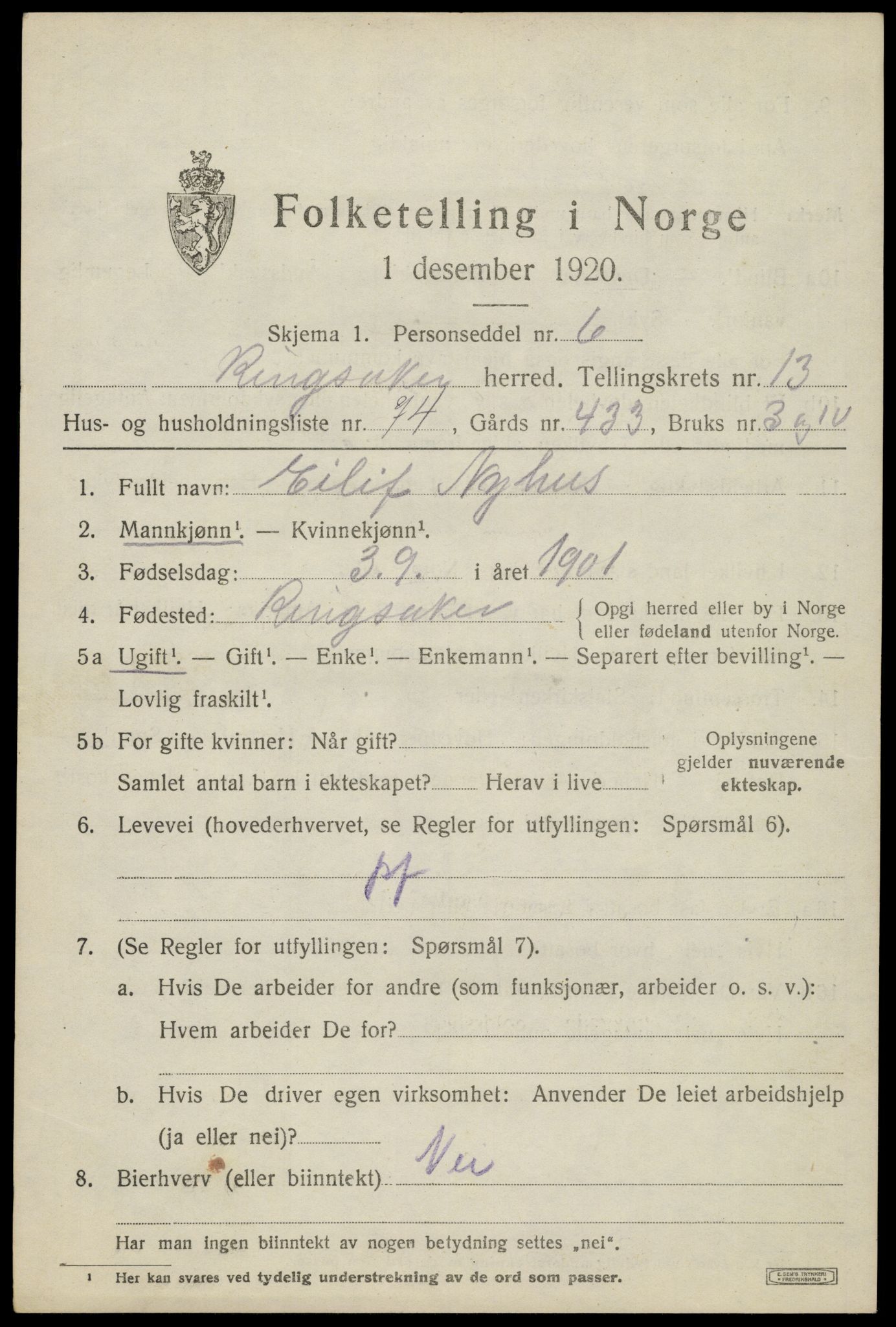 SAH, 1920 census for Ringsaker, 1920, p. 21556