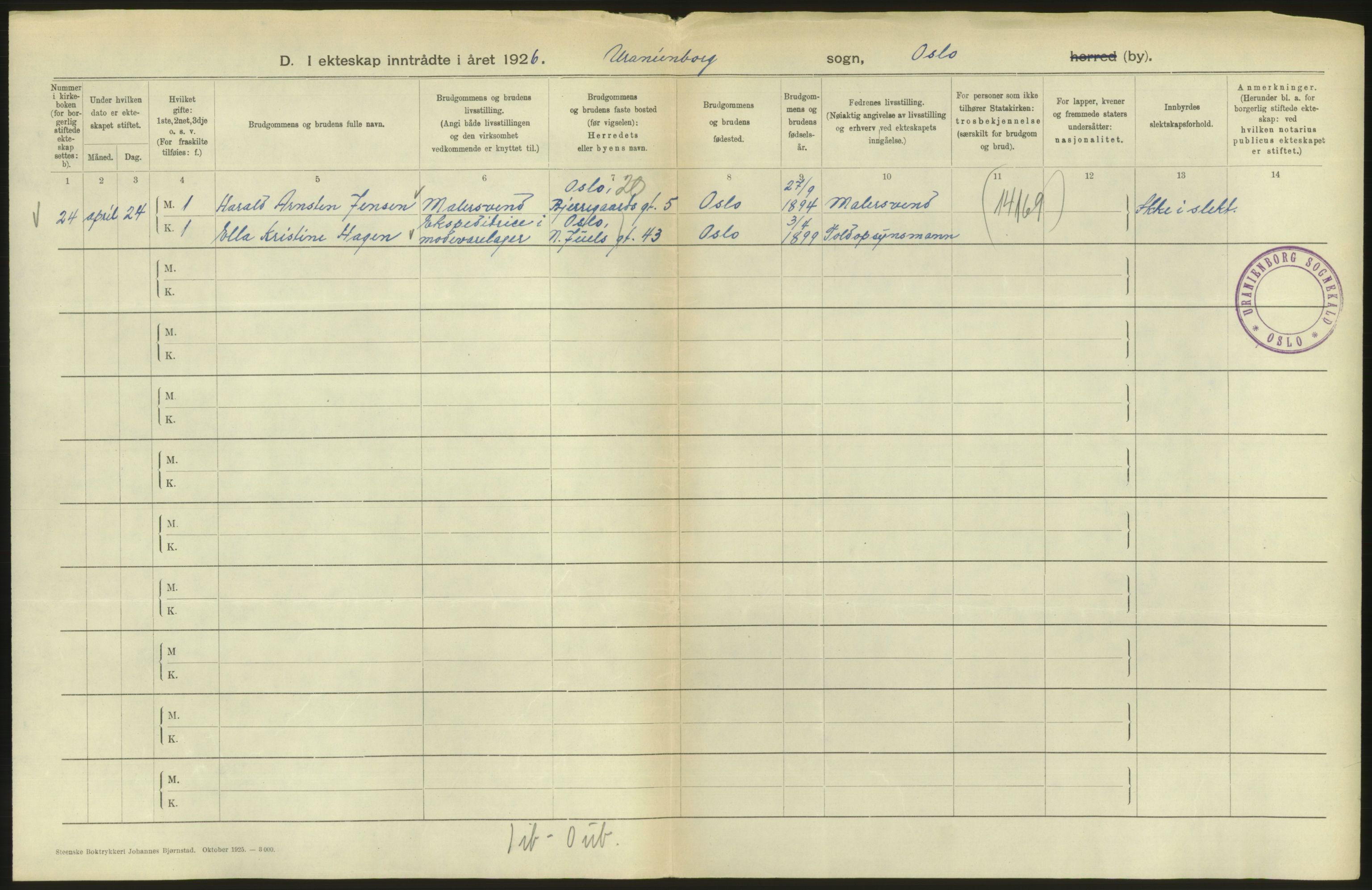 Statistisk sentralbyrå, Sosiodemografiske emner, Befolkning, AV/RA-S-2228/D/Df/Dfc/Dfcf/L0008: Oslo: Gifte, 1926, p. 172