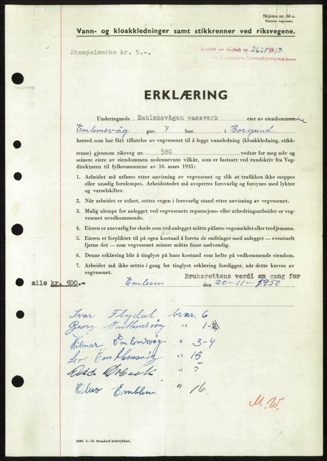 Nordre Sunnmøre sorenskriveri, AV/SAT-A-0006/1/2/2C/2Ca: Mortgage book no. A36, 1950-1950, Diary no: : 2628/1950