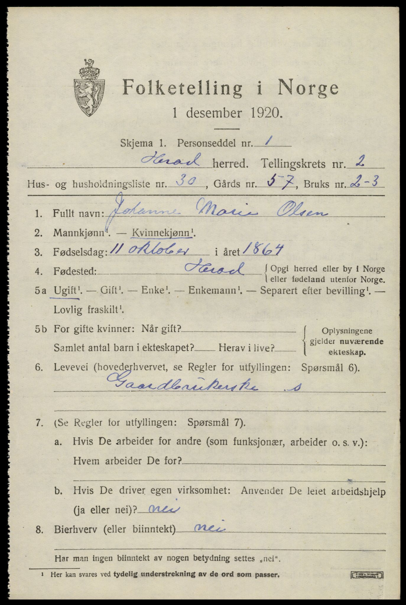 SAK, 1920 census for Herad, 1920, p. 1332