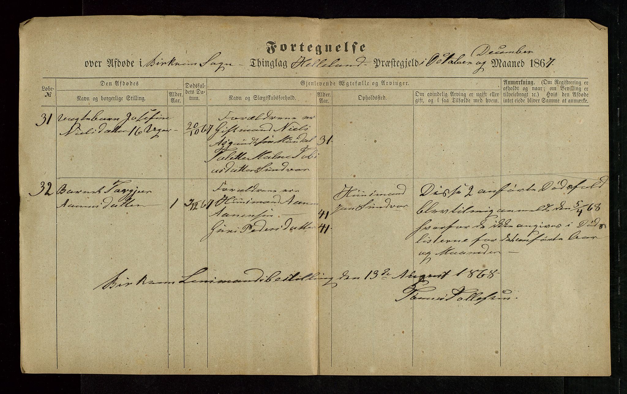 Jæren og Dalane sorenskriveri, AV/SAST-A-100306/5/52AB/L0004: DØDSFALL-LISTER DALANE, 1865-1868, p. 39