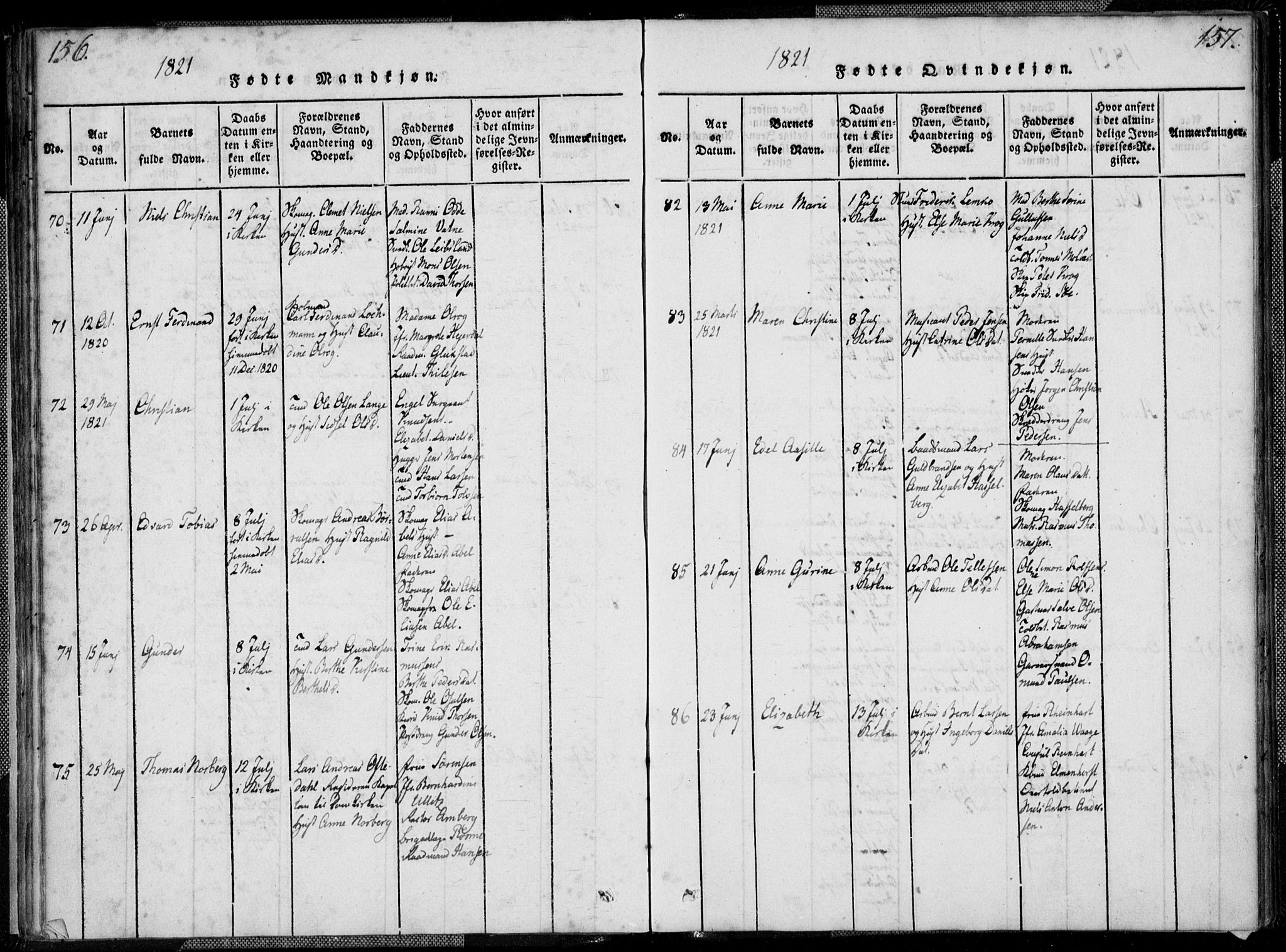 Kristiansand domprosti, SAK/1112-0006/F/Fa/L0008: Parish register (official) no. A 8, 1818-1821, p. 156-157