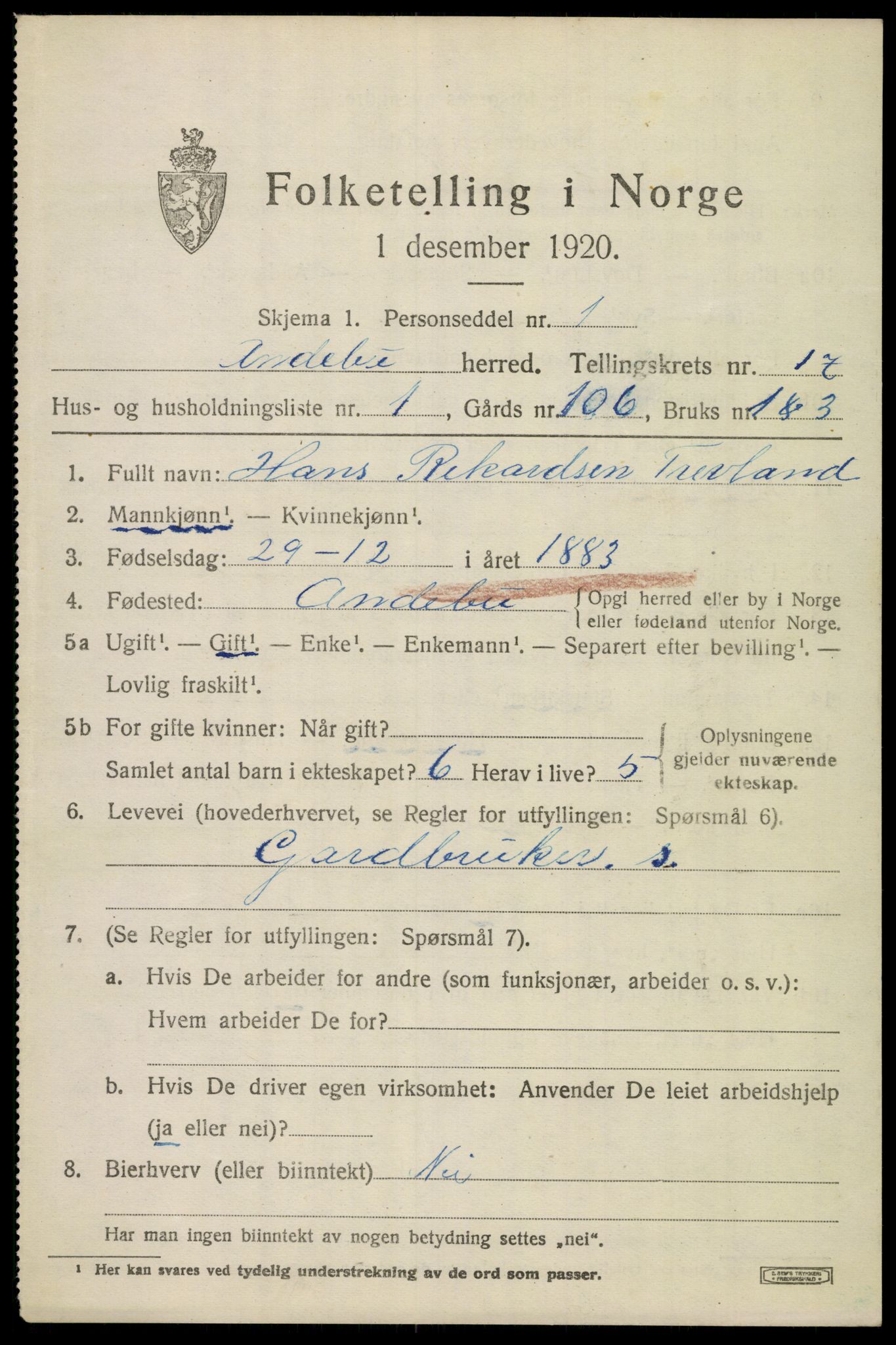 SAKO, 1920 census for Andebu, 1920, p. 5718