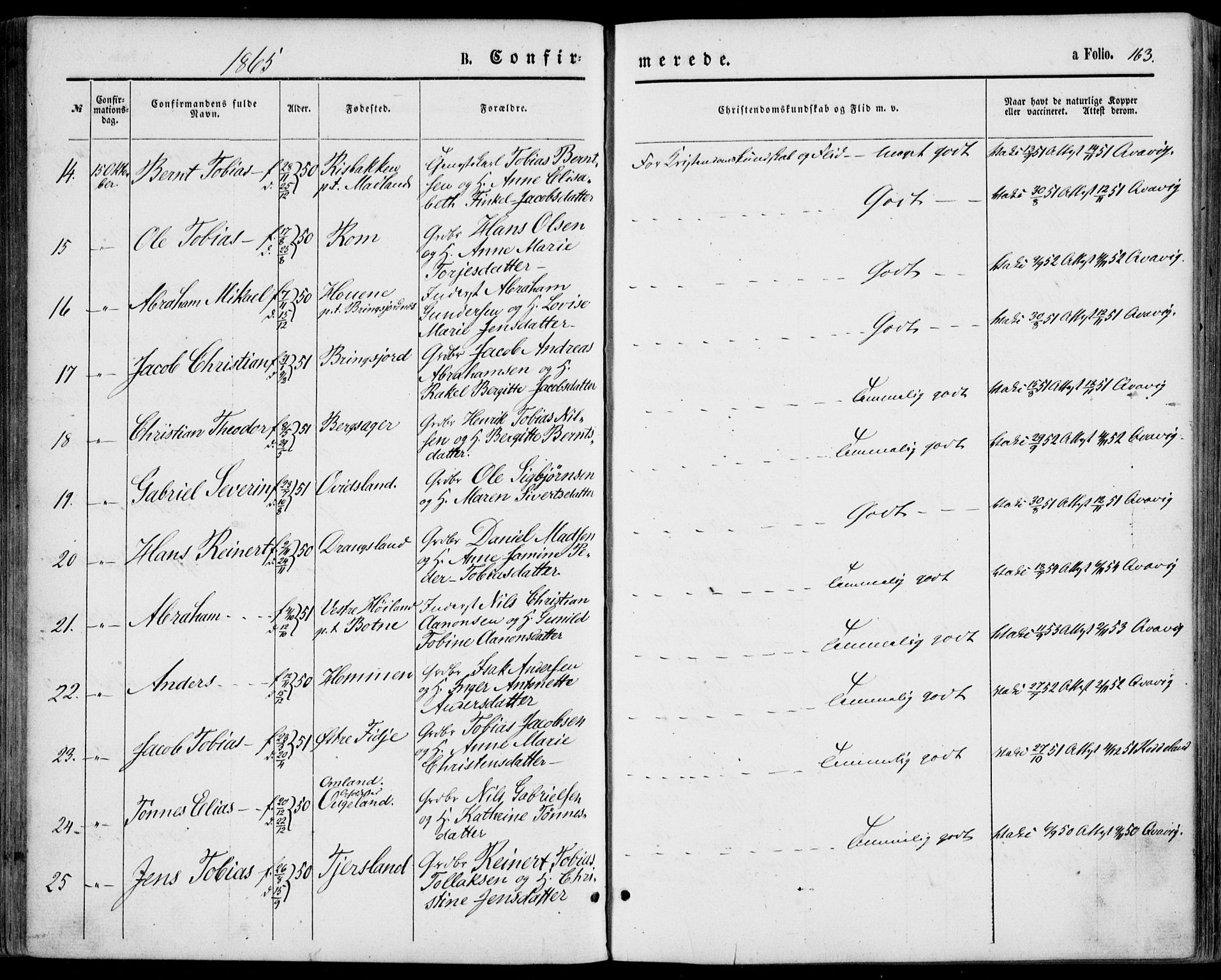 Lyngdal sokneprestkontor, AV/SAK-1111-0029/F/Fa/Fac/L0010: Parish register (official) no. A 10, 1865-1878, p. 163