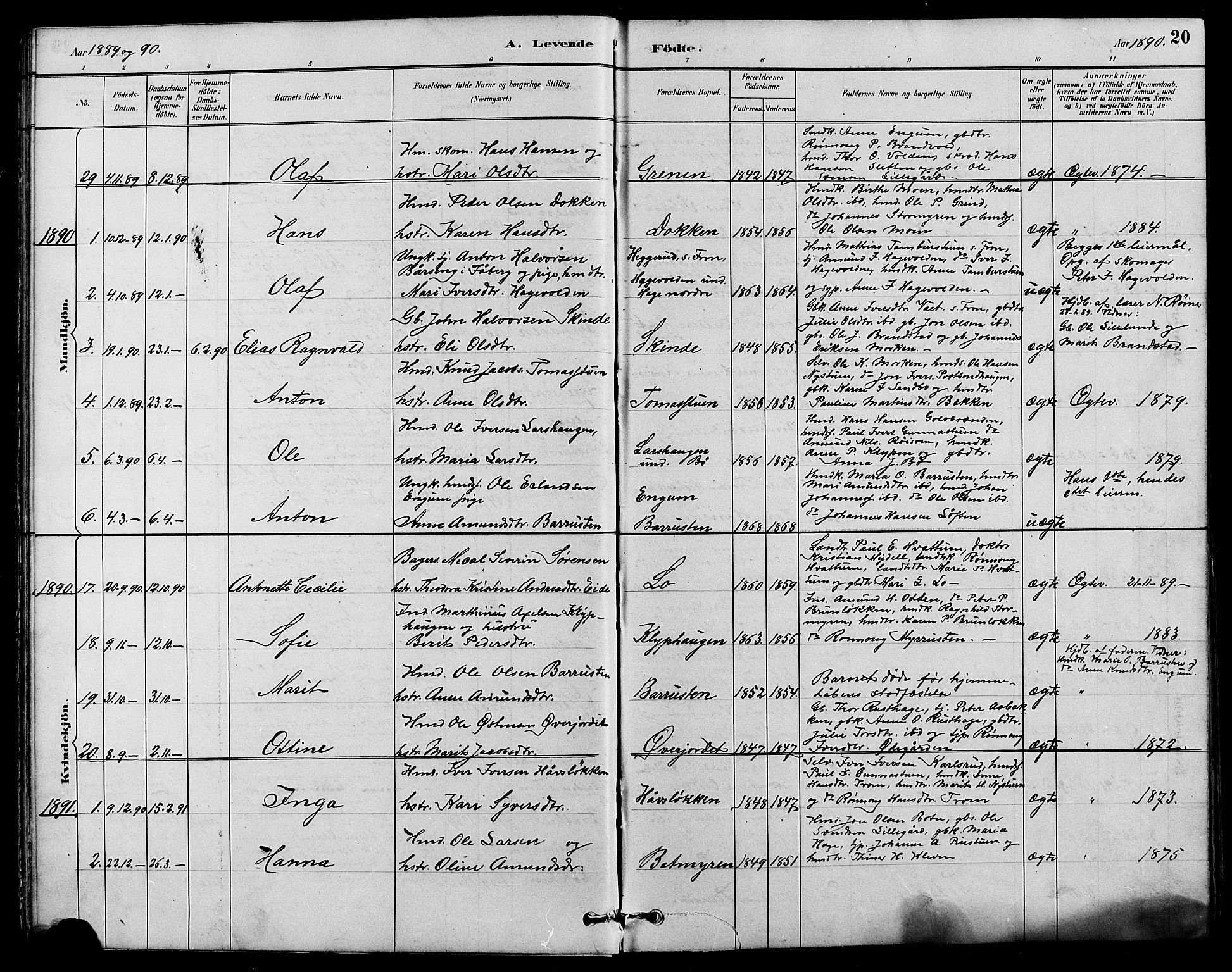 Nord-Fron prestekontor, SAH/PREST-080/H/Ha/Hab/L0004: Parish register (copy) no. 4, 1884-1914, p. 20