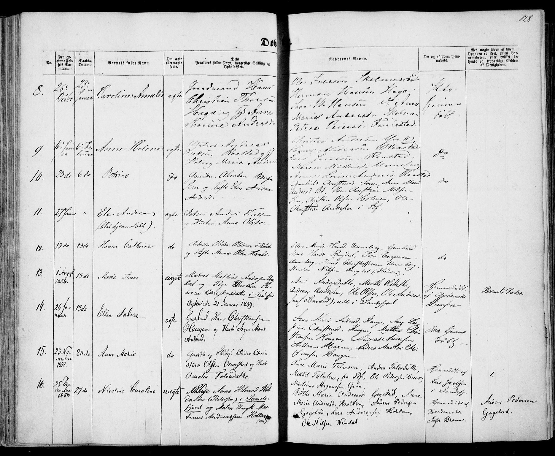 Sandar kirkebøker, AV/SAKO-A-243/F/Fa/L0007: Parish register (official) no. 7, 1855-1861, p. 128