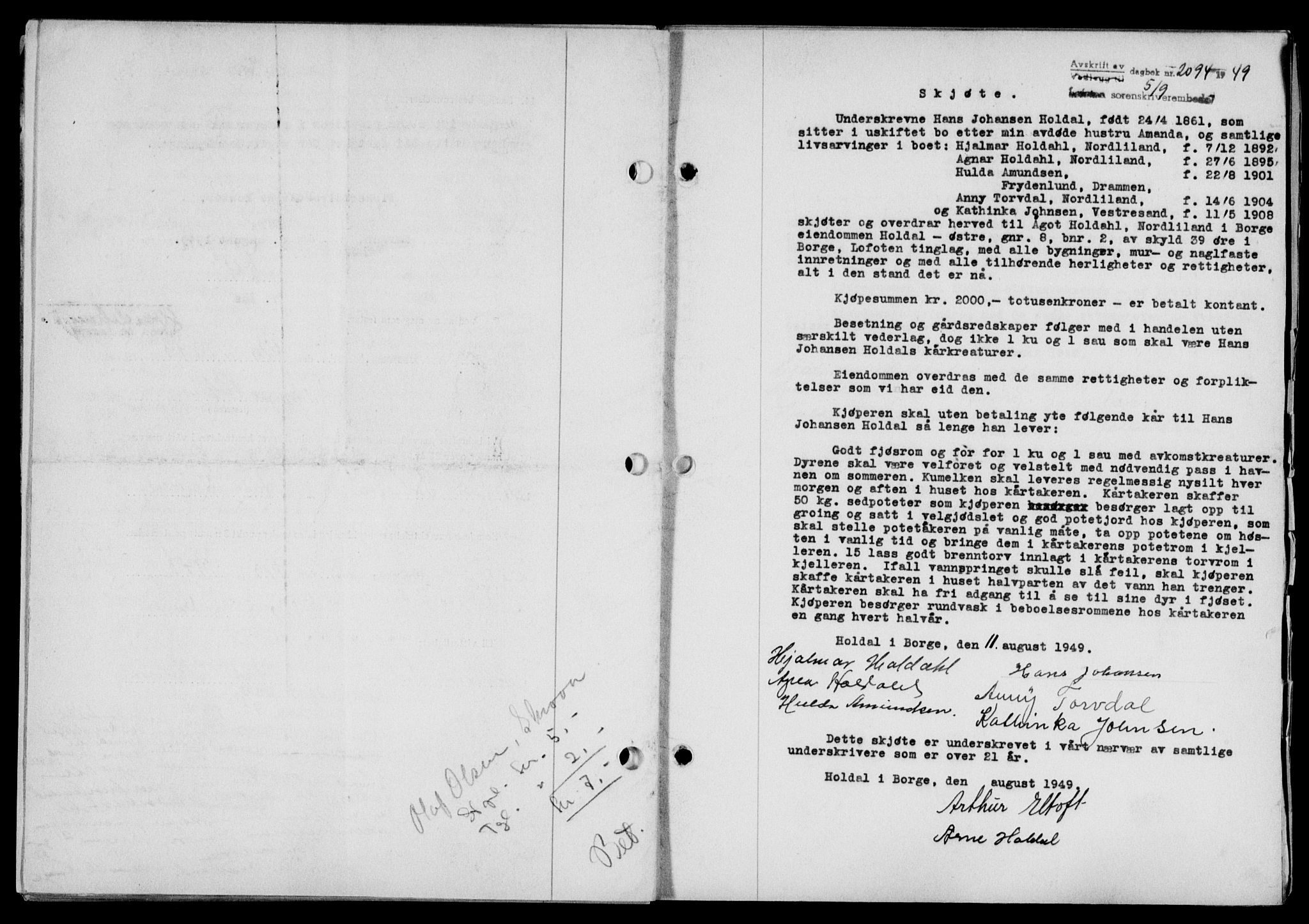 Lofoten sorenskriveri, SAT/A-0017/1/2/2C/L0021a: Mortgage book no. 21a, 1949-1949, Diary no: : 2094/1949