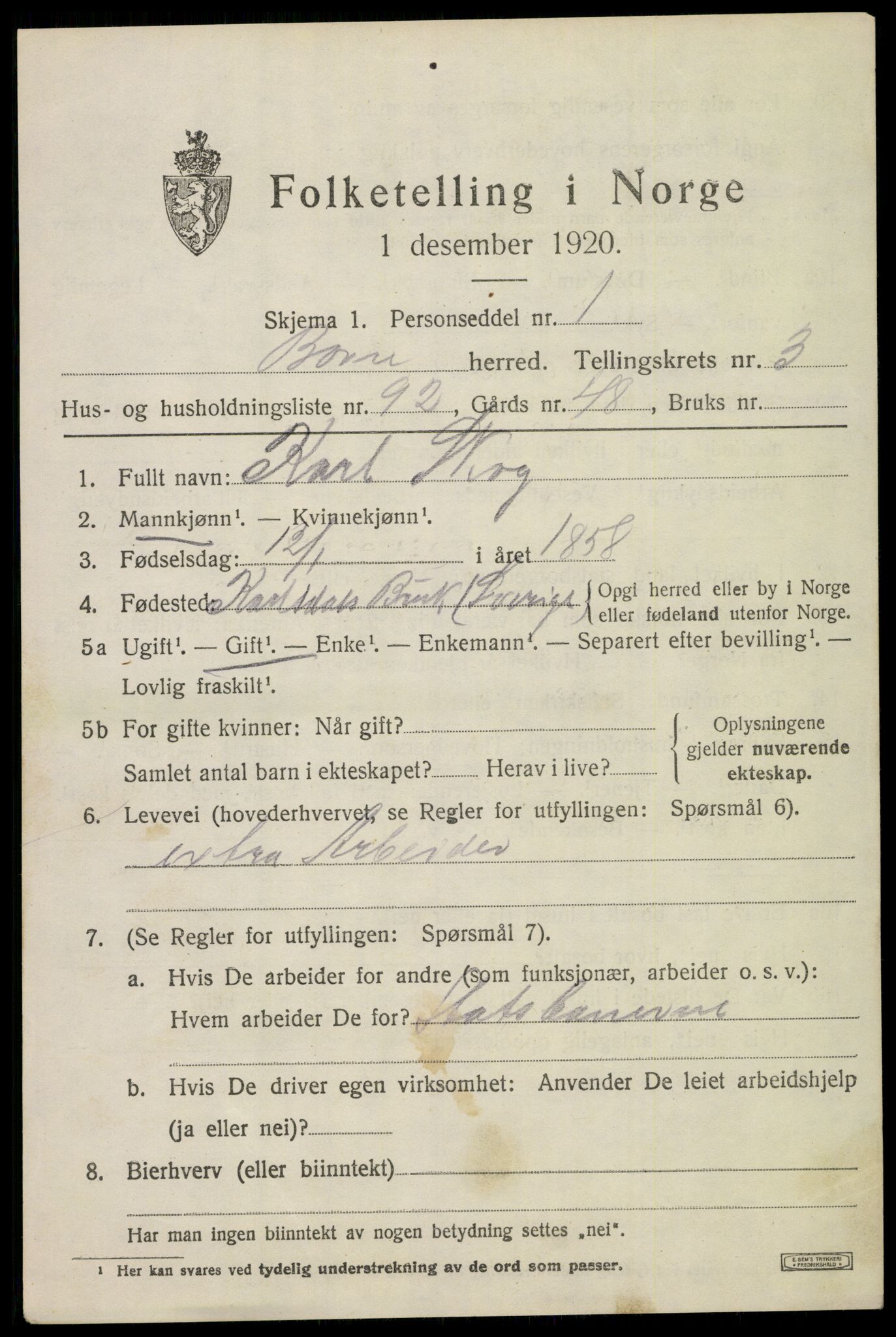 SAKO, 1920 census for Borre, 1920, p. 7112