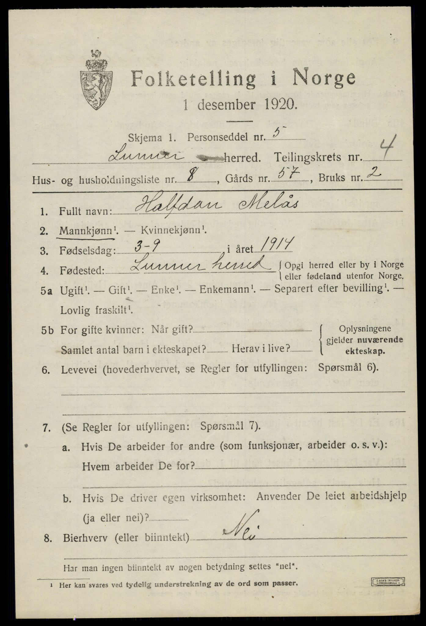 SAH, 1920 census for Lunner, 1920, p. 5433