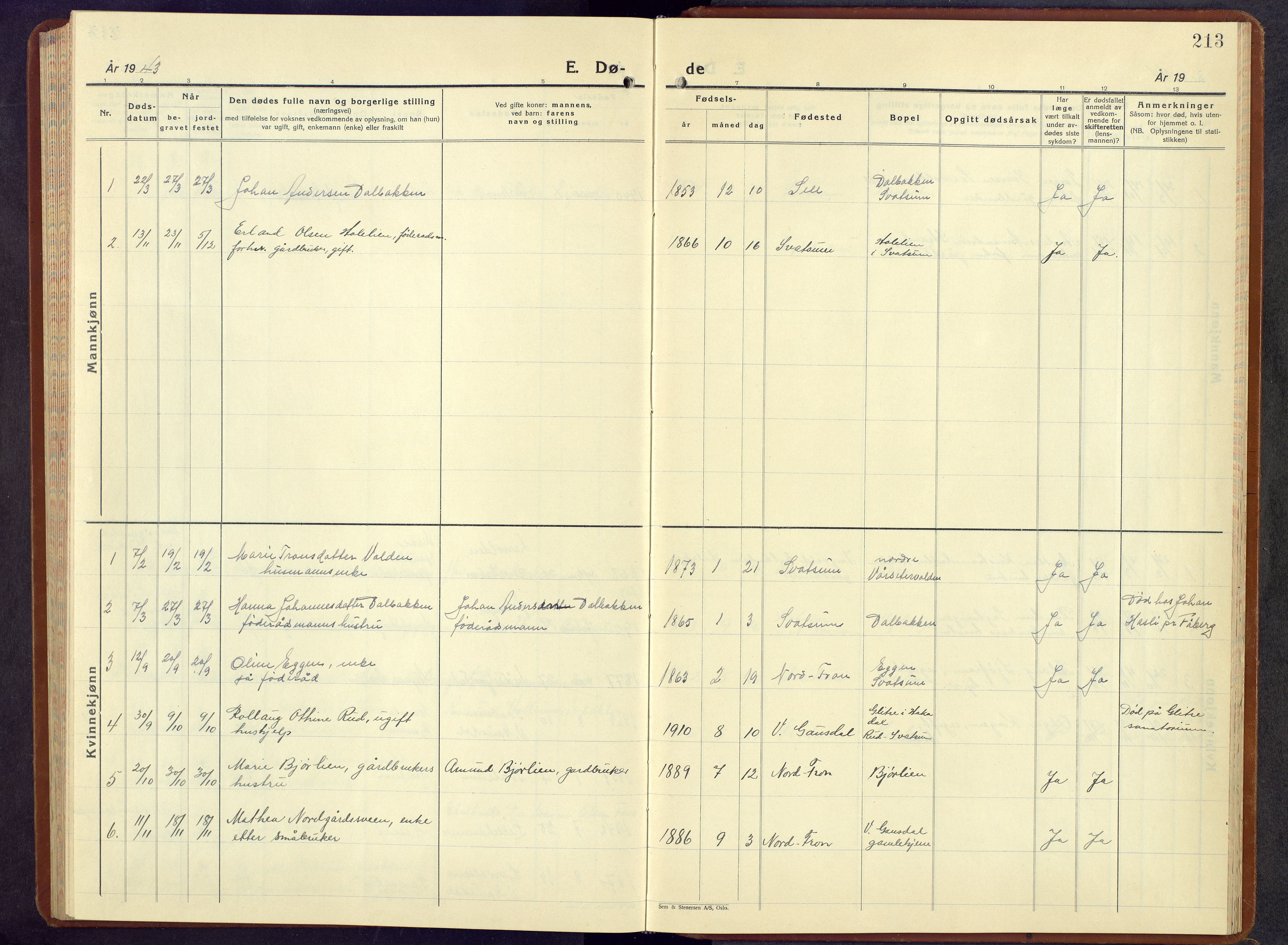 Vestre Gausdal prestekontor, SAH/PREST-094/H/Ha/Hab/L0006: Parish register (copy) no. 6, 1940-1977, p. 213