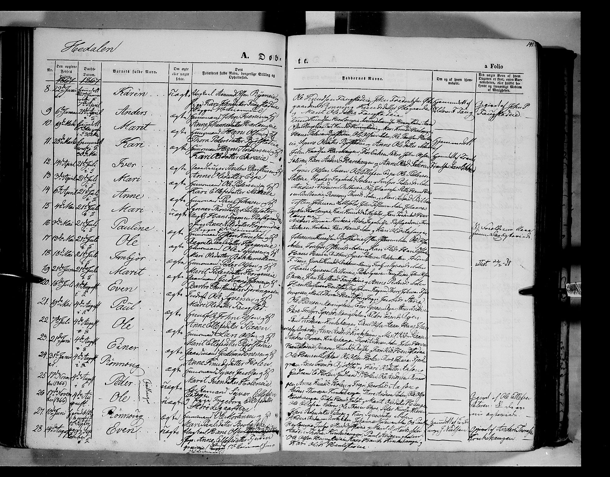 Vågå prestekontor, AV/SAH-PREST-076/H/Ha/Haa/L0006: Parish register (official) no. 6 /2, 1857-1872, p. 141