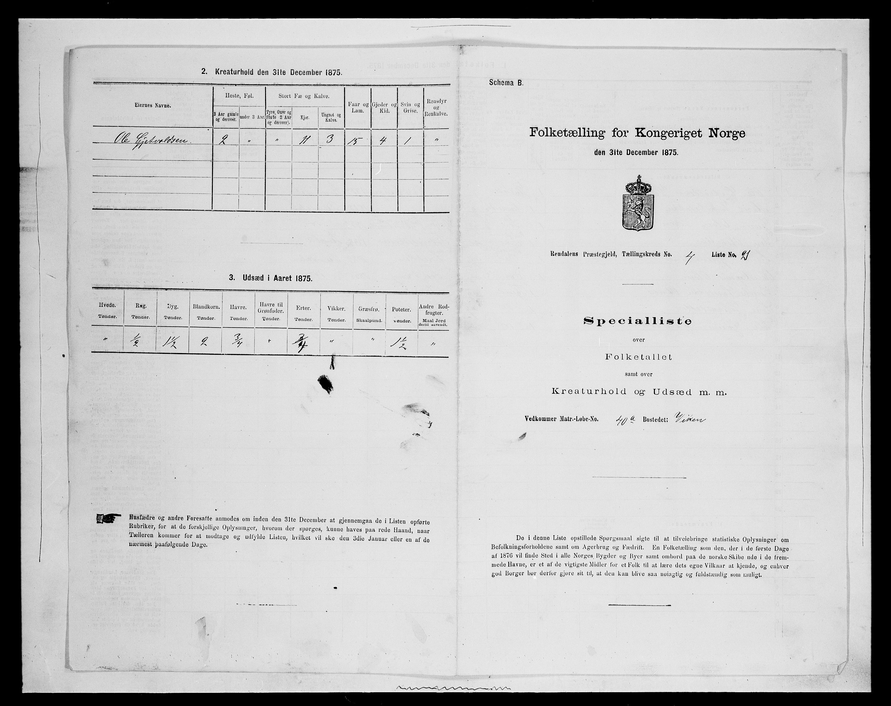 SAH, 1875 census for 0432P Rendalen, 1875, p. 437