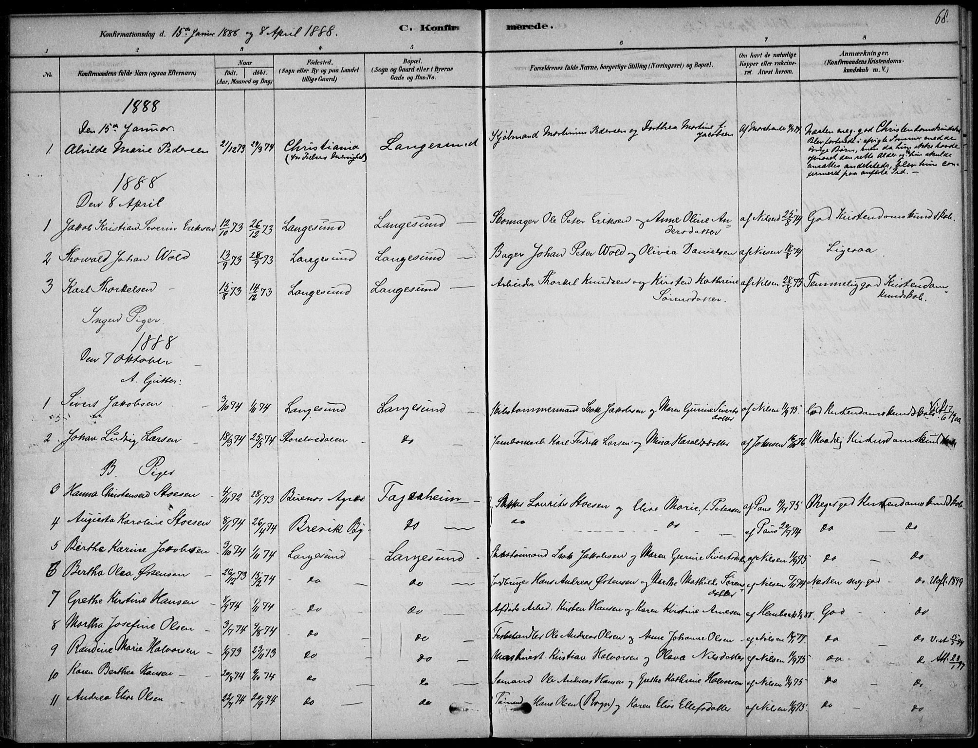 Langesund kirkebøker, SAKO/A-280/F/Fa/L0002: Parish register (official) no. 2, 1878-1892, p. 68