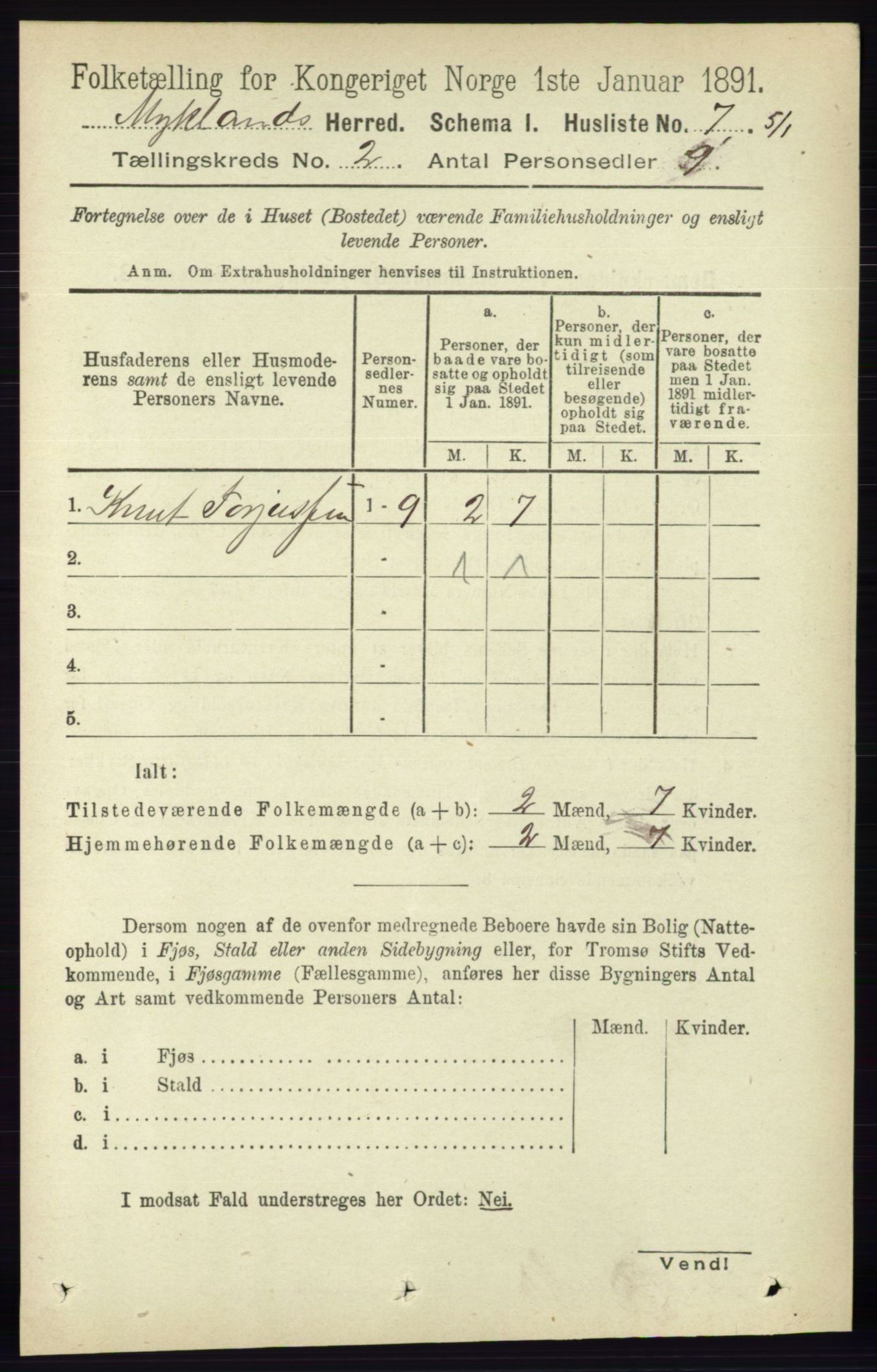 RA, 1891 census for 0932 Mykland, 1891, p. 282