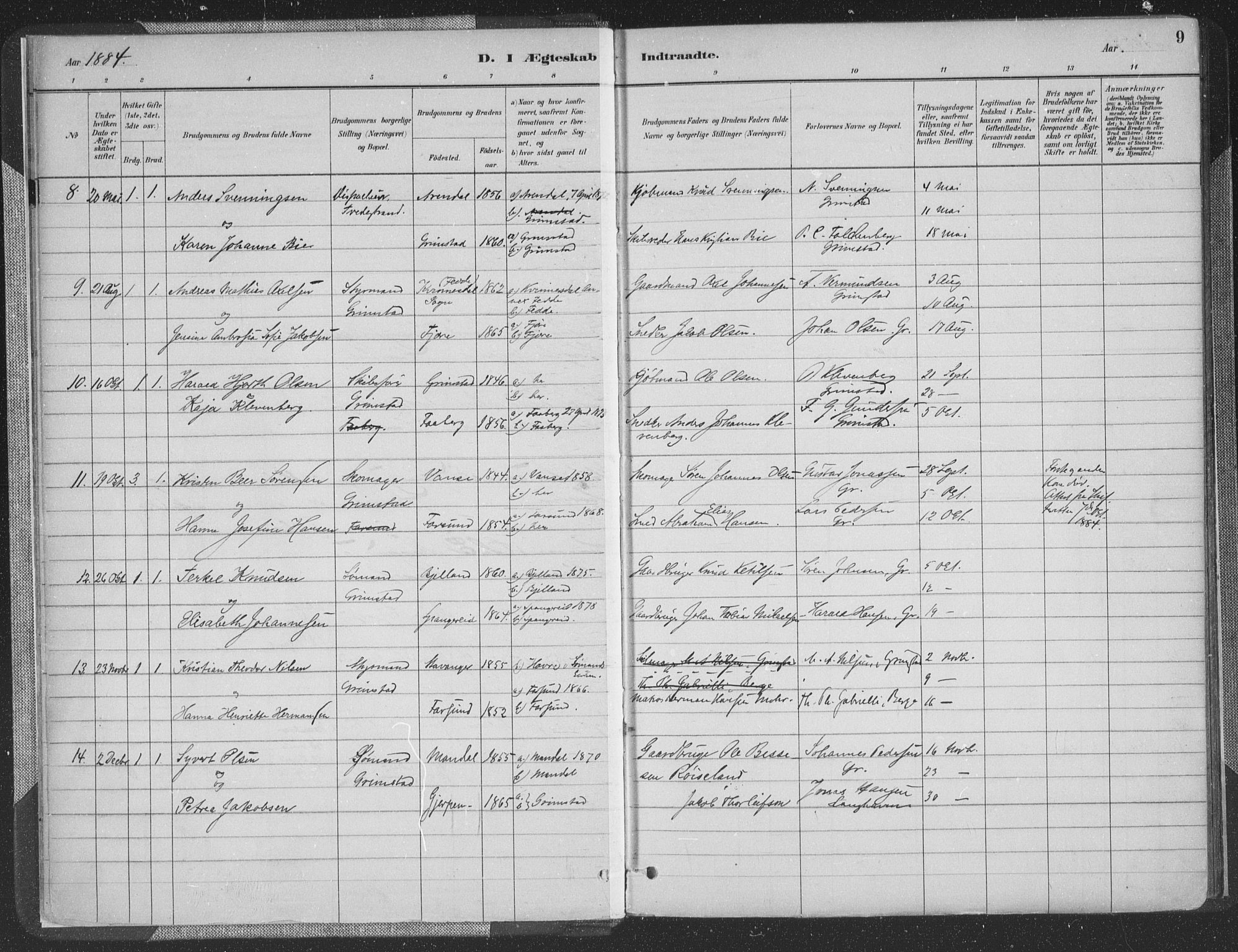 Grimstad sokneprestkontor, AV/SAK-1111-0017/F/Fa/L0004: Parish register (official) no. A 3, 1882-1910, p. 9
