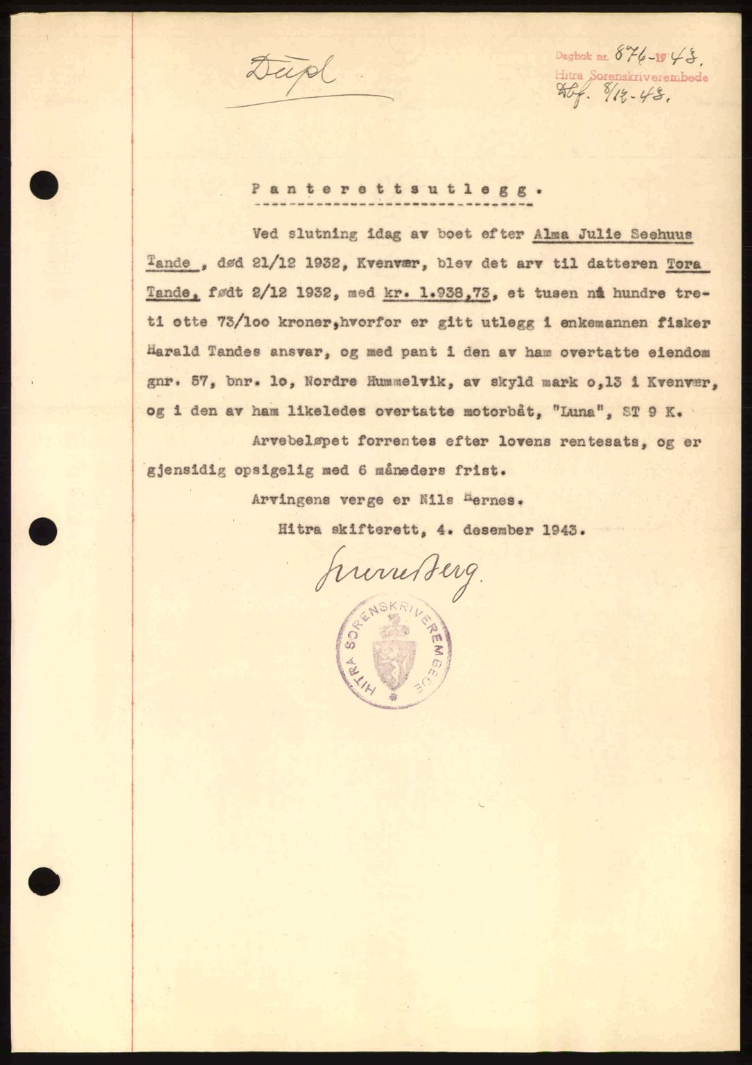 Hitra sorenskriveri, AV/SAT-A-0018/2/2C/2Ca: Mortgage book no. B1, 1939-1949, Diary no: : 875/1943