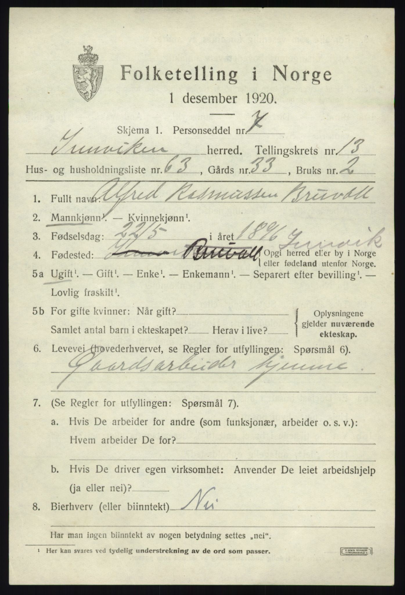 SAB, 1920 census for Innvik, 1920, p. 5783