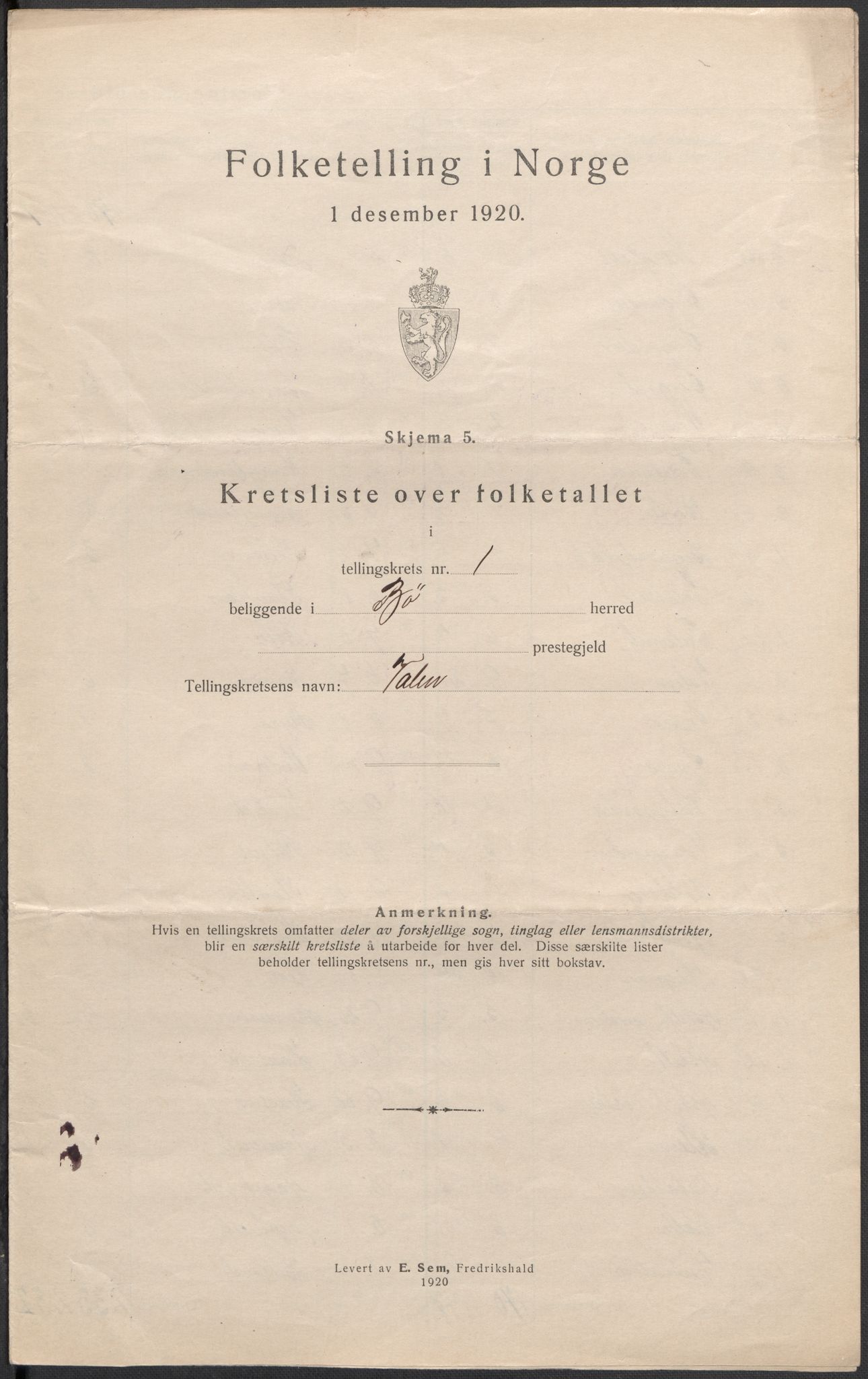 SAKO, 1920 census for Bø (Telemark), 1920, p. 5