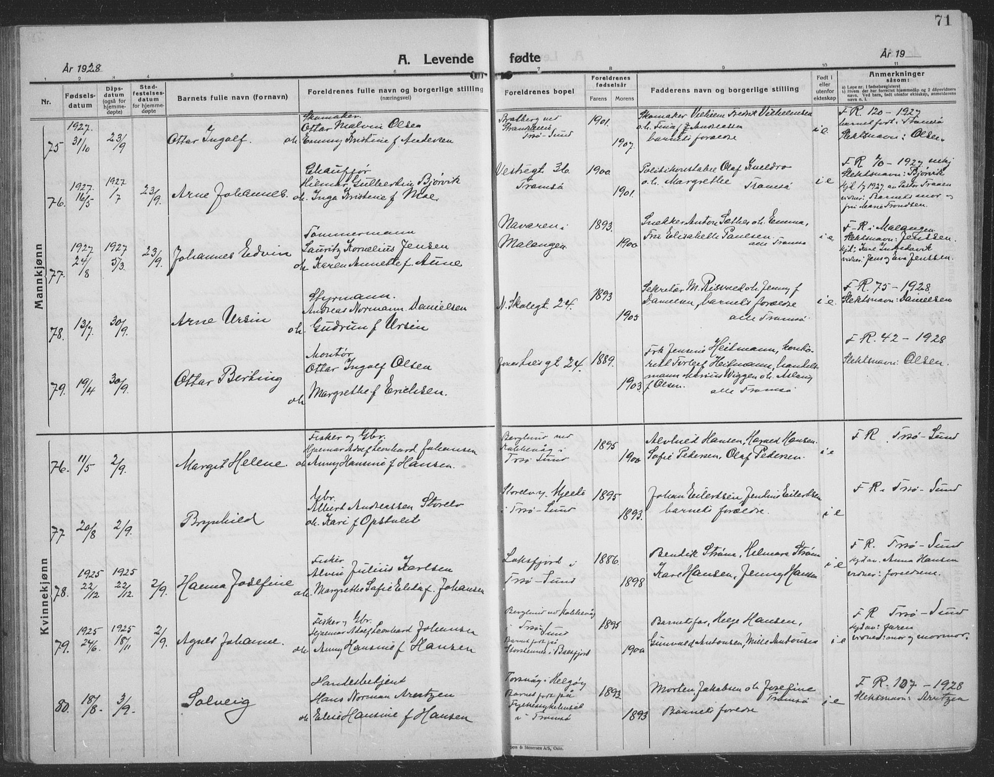 Tromsø sokneprestkontor/stiftsprosti/domprosti, AV/SATØ-S-1343/G/Gb/L0010klokker: Parish register (copy) no. 10, 1925-1937, p. 71