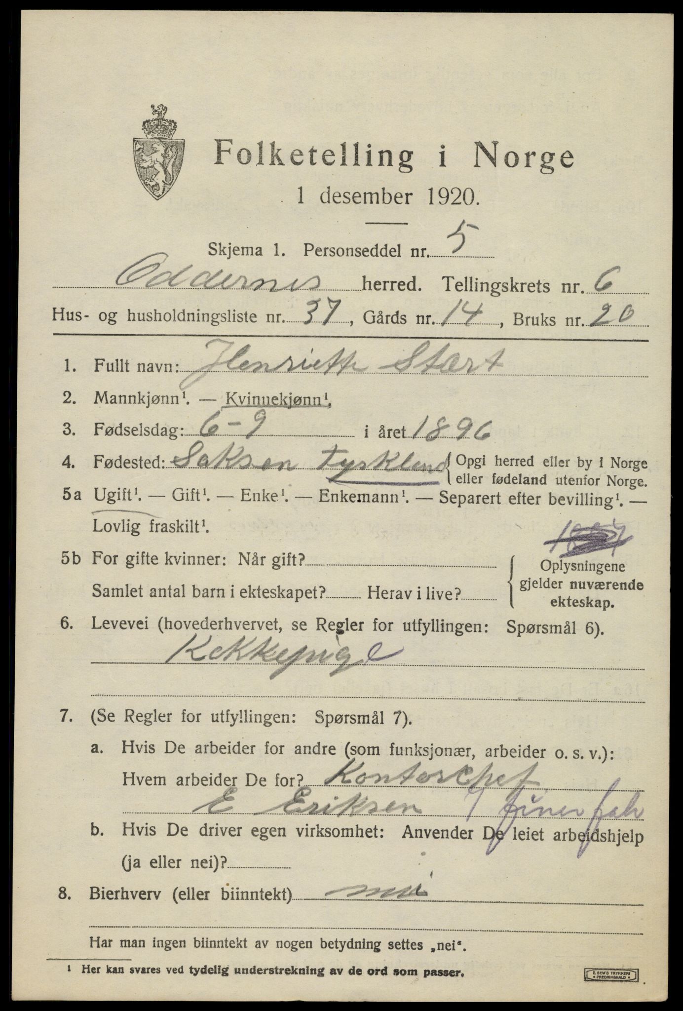 SAK, 1920 census for Oddernes, 1920, p. 5369