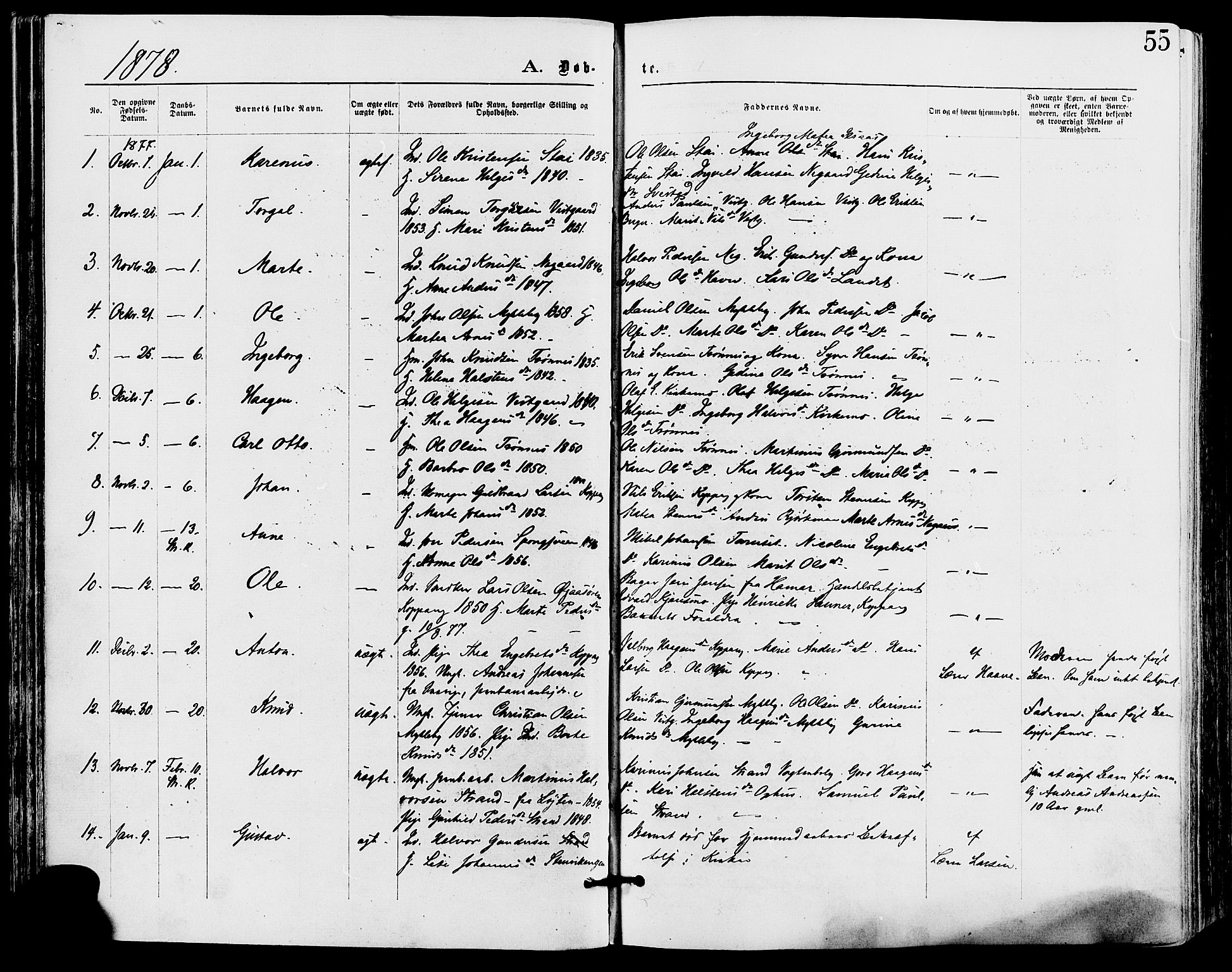 Stor-Elvdal prestekontor, SAH/PREST-052/H/Ha/Haa/L0001: Parish register (official) no. 1, 1871-1882, p. 55