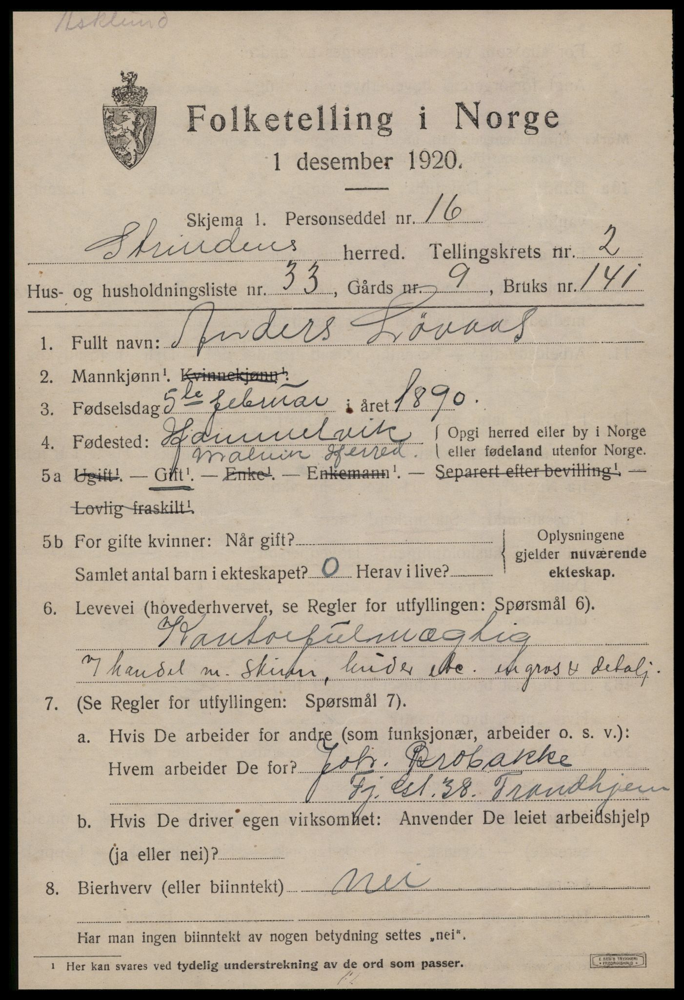 SAT, 1920 census for Strinda, 1920, p. 7078