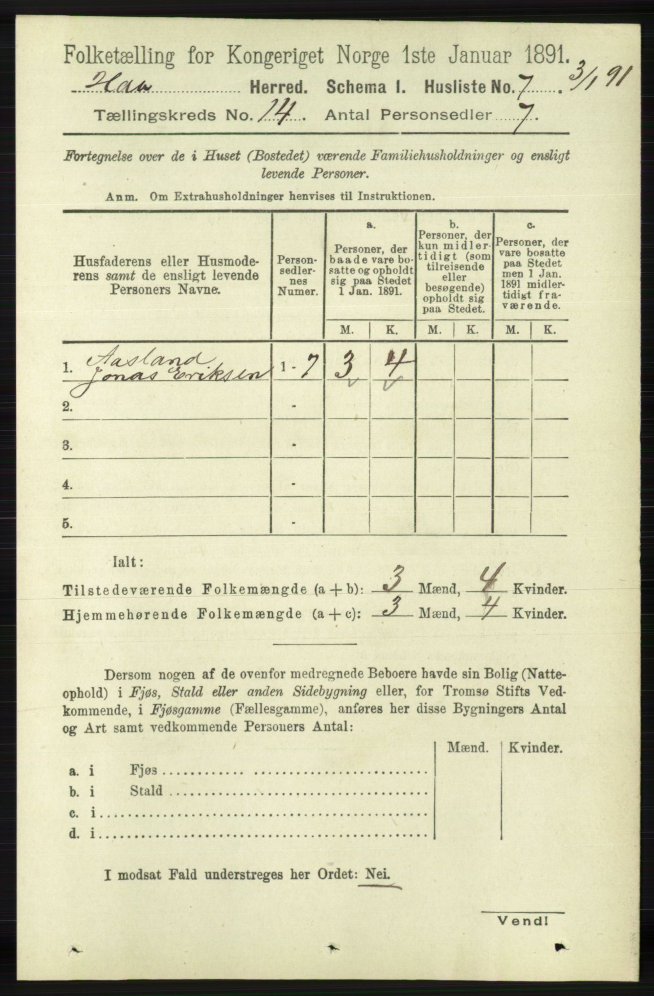 RA, 1891 census for 1119 Hå, 1891, p. 3327