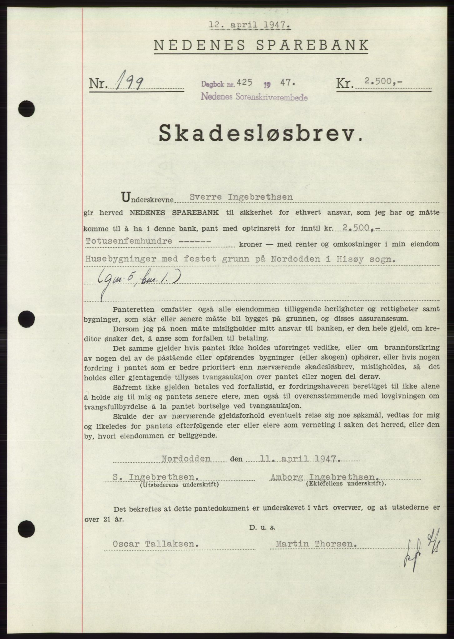 Nedenes sorenskriveri, AV/SAK-1221-0006/G/Gb/Gbb/L0004: Mortgage book no. B4, 1947-1947, Diary no: : 425/1947