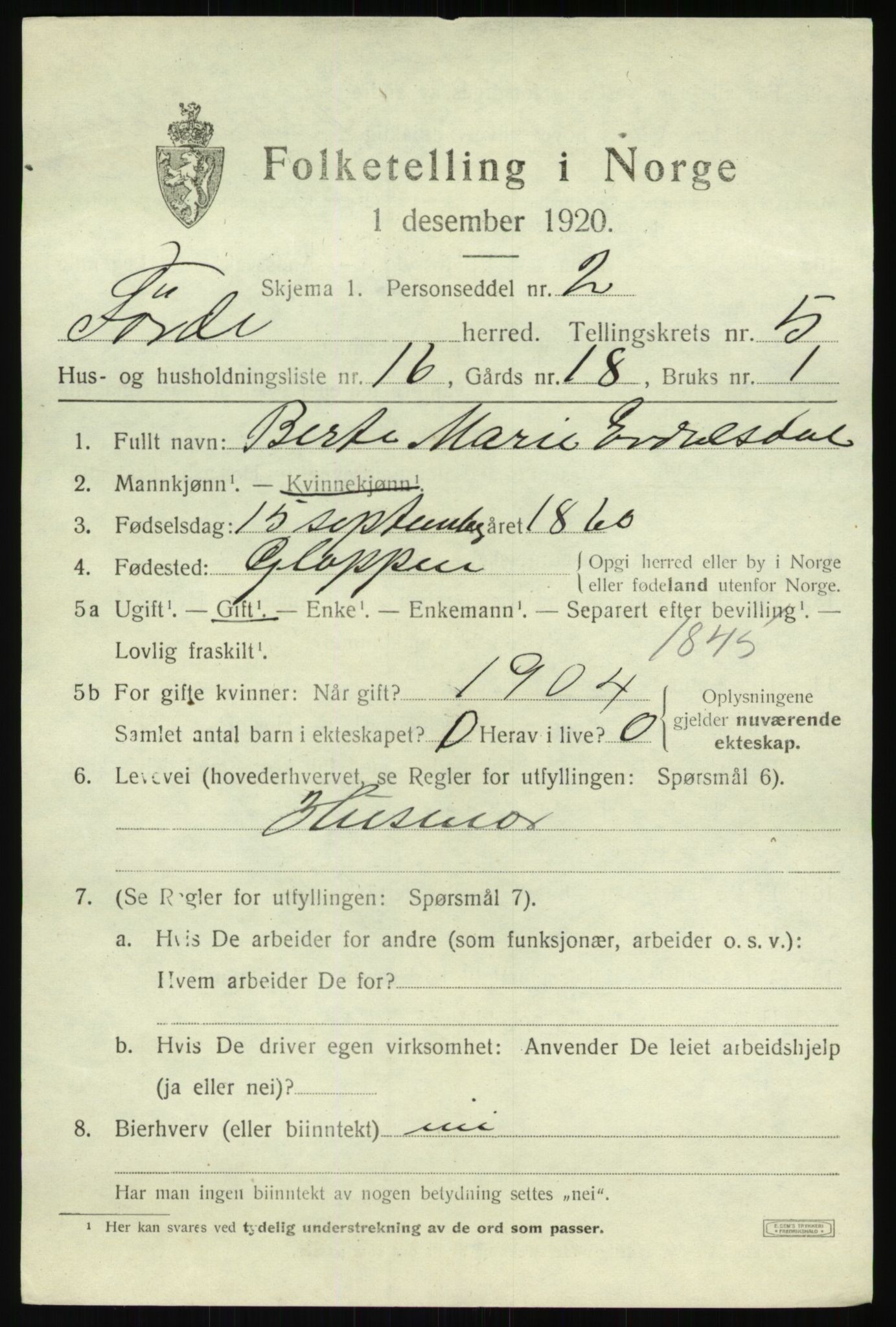 SAB, 1920 census for Førde, 1920, p. 2266