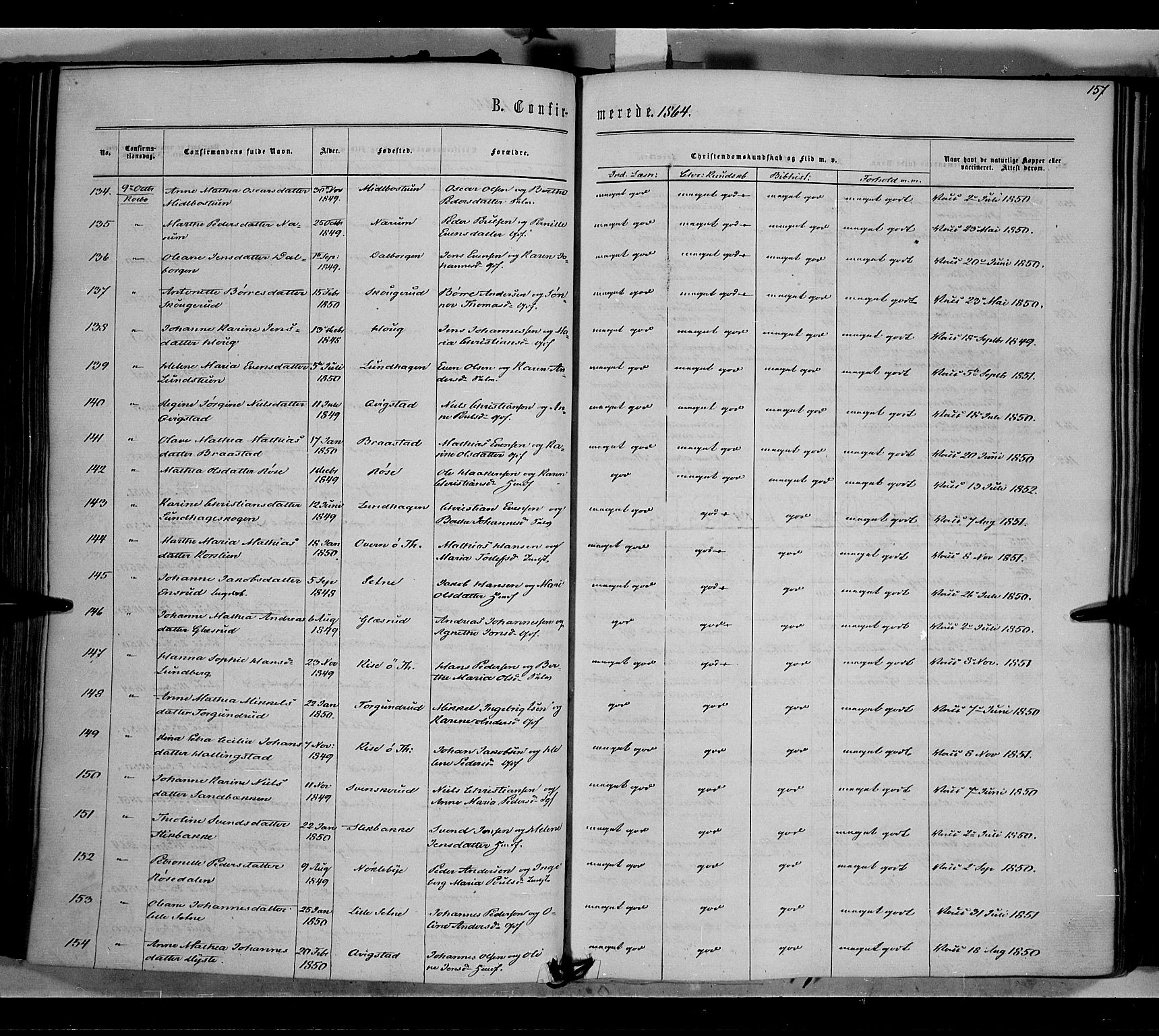 Vestre Toten prestekontor, SAH/PREST-108/H/Ha/Haa/L0007: Parish register (official) no. 7, 1862-1869, p. 157