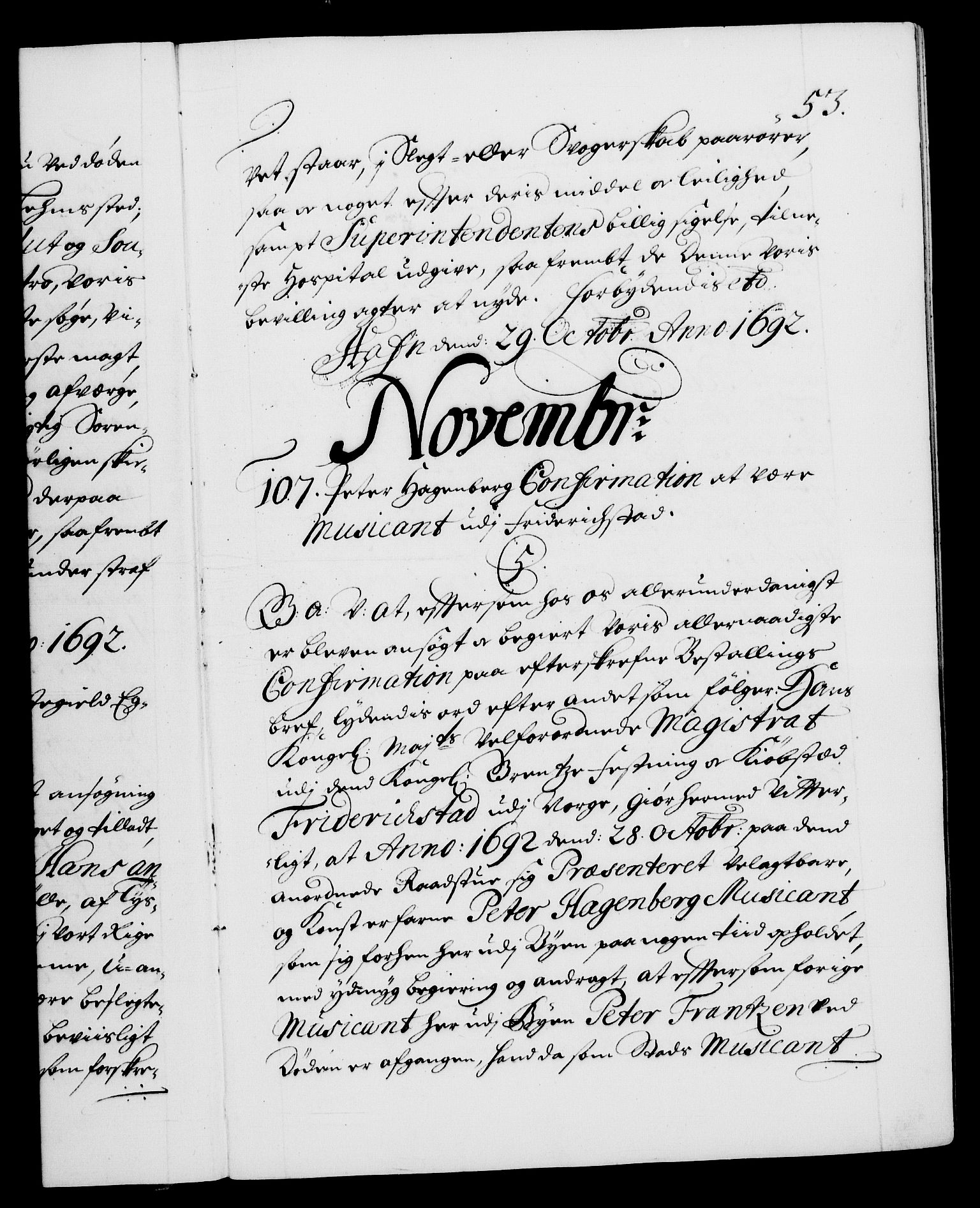 Danske Kanselli 1572-1799, RA/EA-3023/F/Fc/Fca/Fcaa/L0016: Norske registre (mikrofilm), 1692-1697, p. 53a