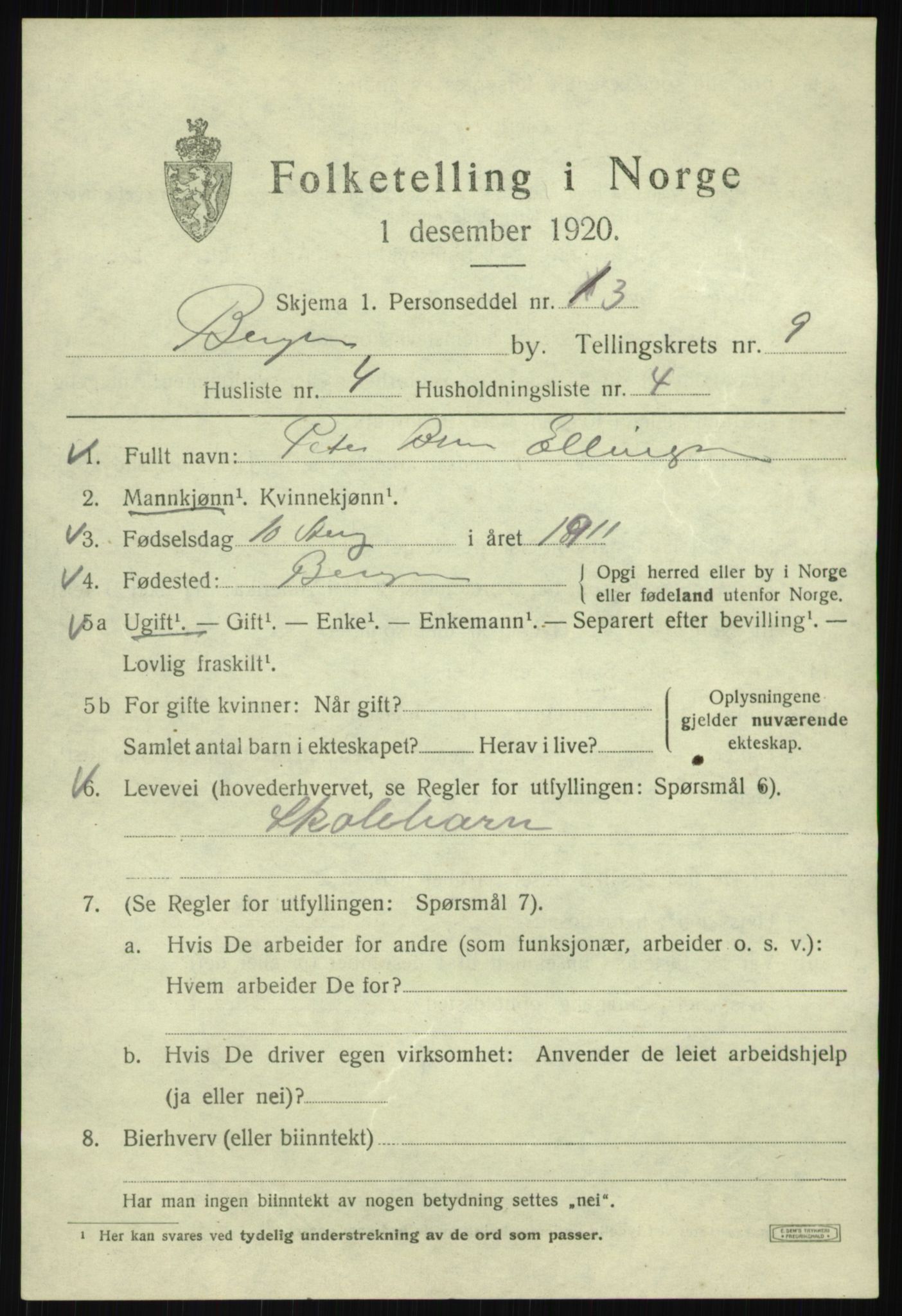 SAB, 1920 census for Bergen, 1920, p. 70247