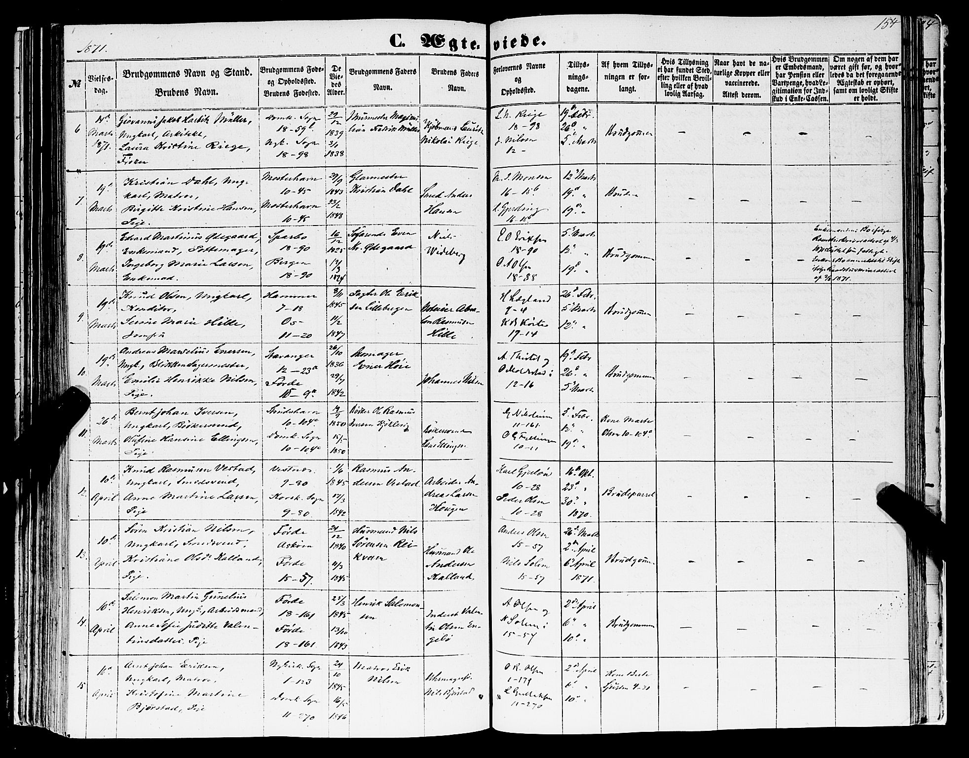 Domkirken sokneprestembete, AV/SAB-A-74801/H/Haa/L0034: Parish register (official) no. D 2, 1853-1874, p. 154