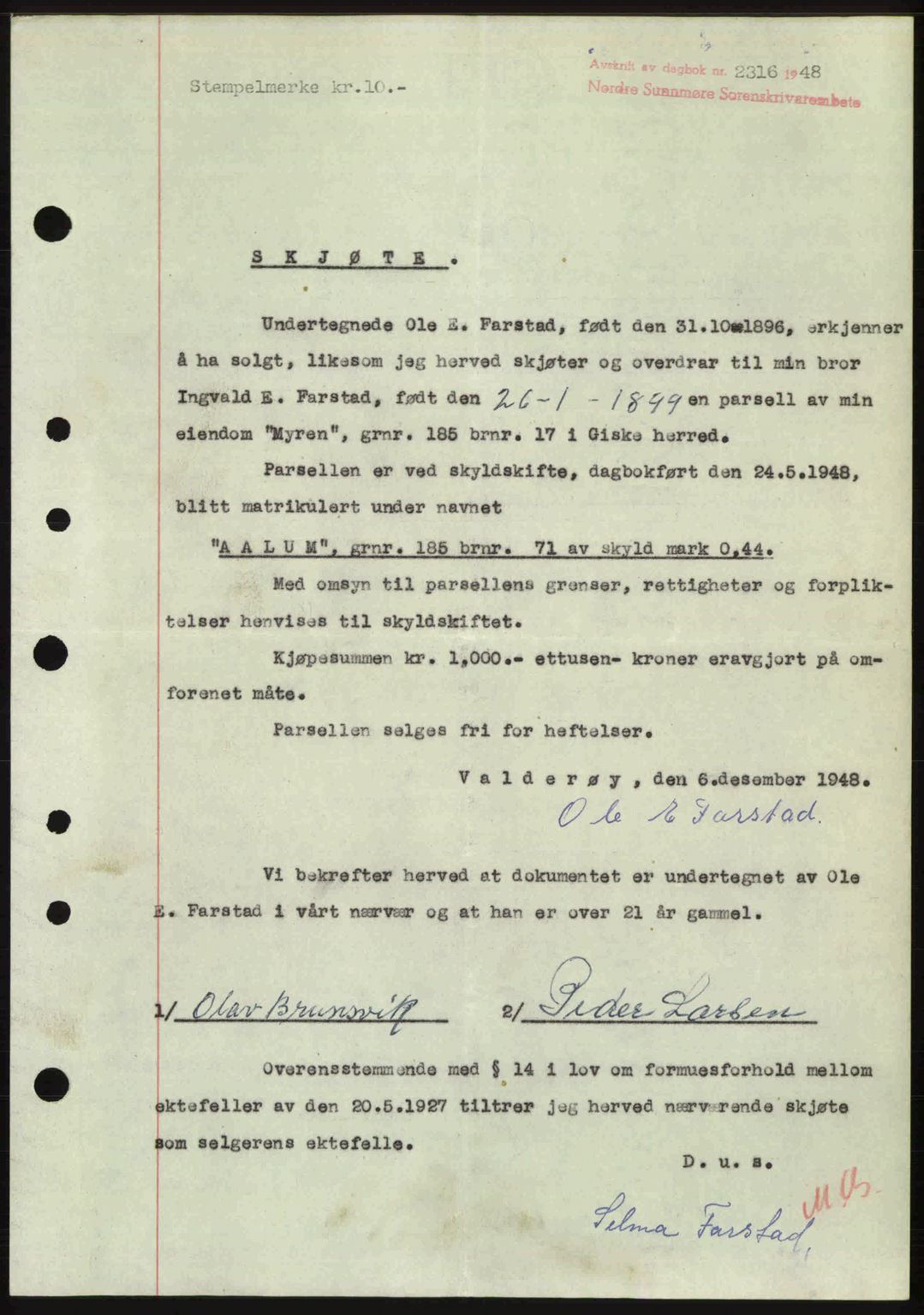 Nordre Sunnmøre sorenskriveri, AV/SAT-A-0006/1/2/2C/2Ca: Mortgage book no. A29, 1948-1949, Diary no: : 2316/1948