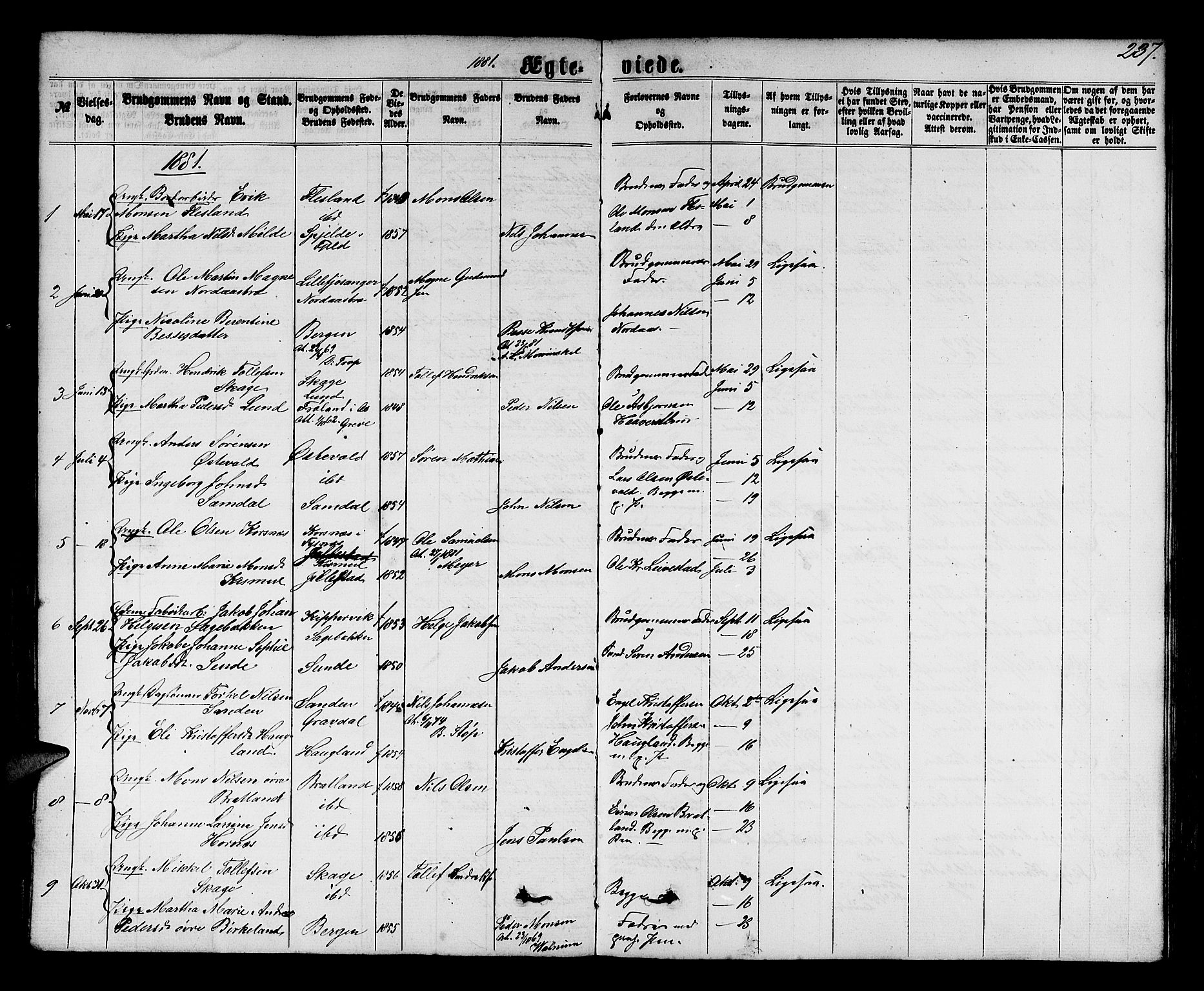 Fana Sokneprestembete, SAB/A-75101/H/Hab/Habb/L0003: Parish register (copy) no. B 3, 1861-1888, p. 237