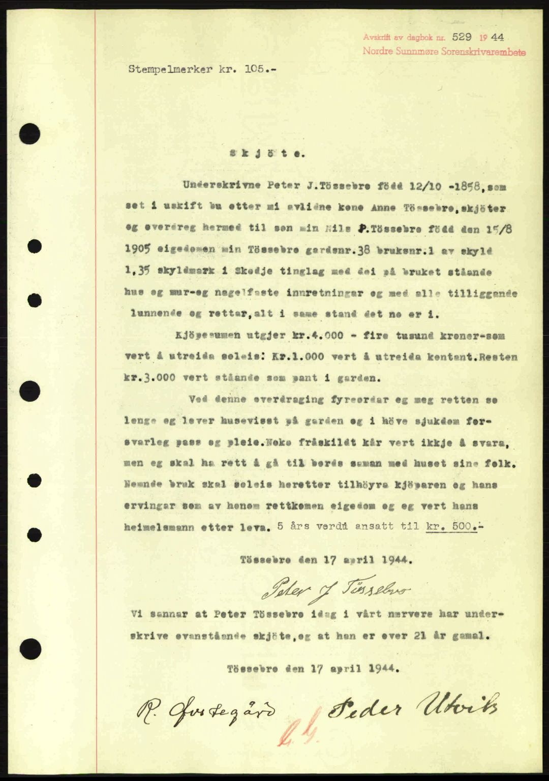 Nordre Sunnmøre sorenskriveri, AV/SAT-A-0006/1/2/2C/2Ca: Mortgage book no. A17, 1943-1944, Diary no: : 529/1944