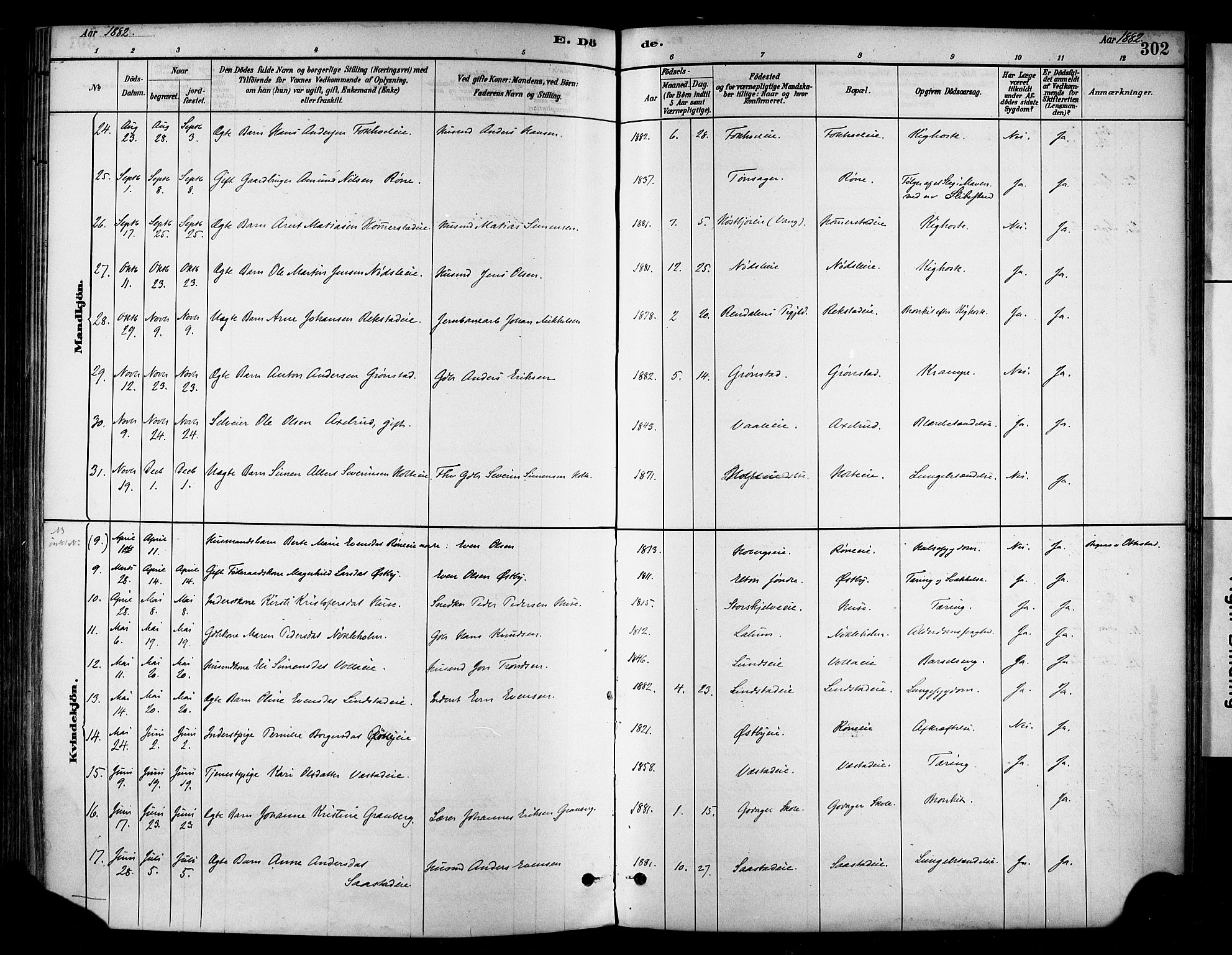 Stange prestekontor, AV/SAH-PREST-002/K/L0017: Parish register (official) no. 17, 1880-1893, p. 302