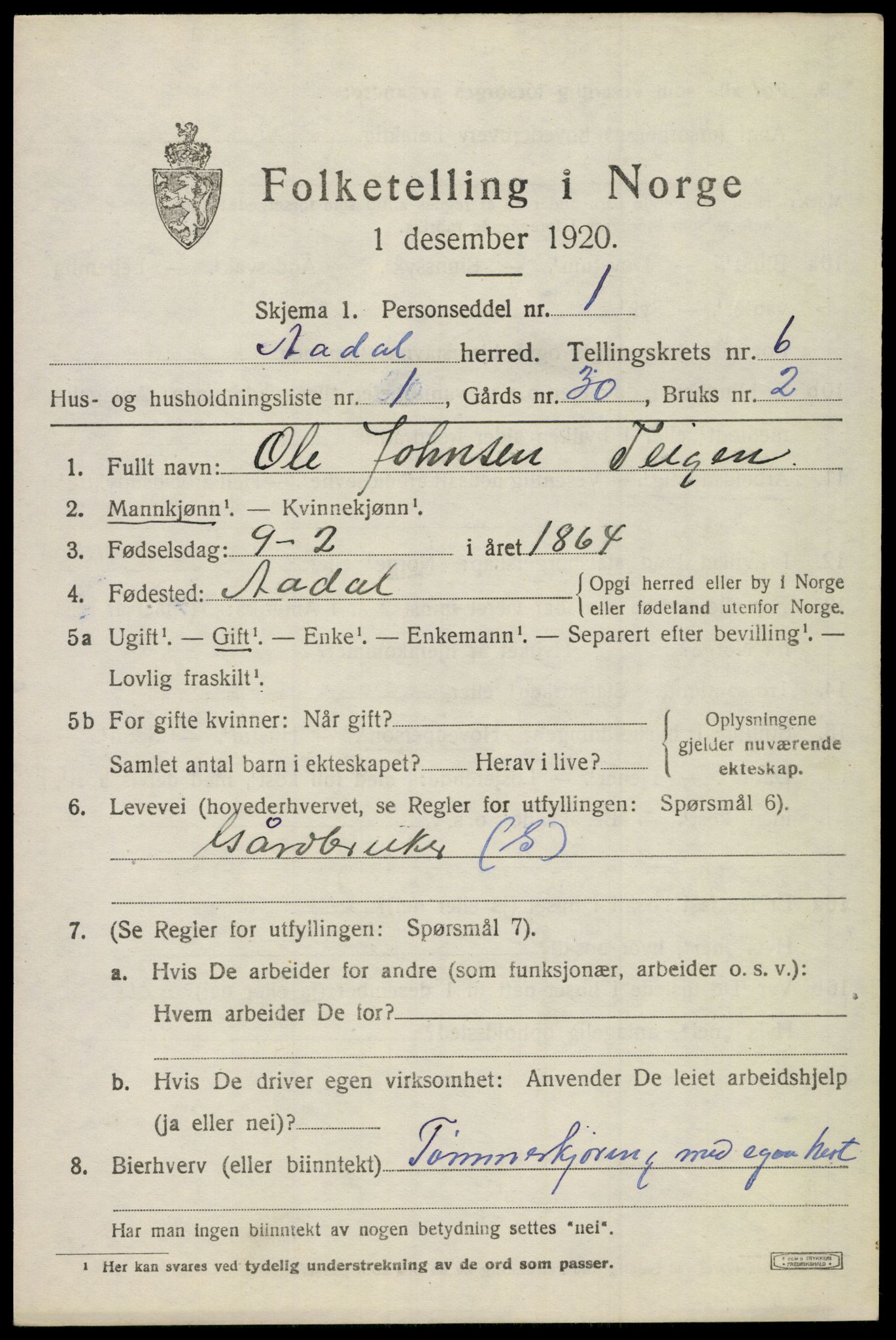 SAKO, 1920 census for Ådal, 1920, p. 4616