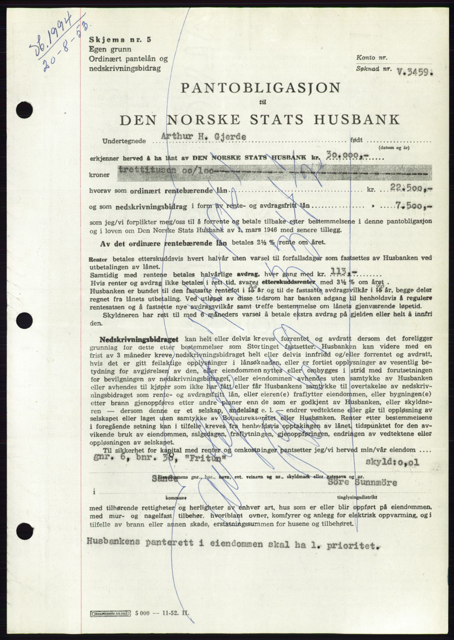 Søre Sunnmøre sorenskriveri, SAT/A-4122/1/2/2C/L0123: Mortgage book no. 11B, 1953-1953, Diary no: : 1994/1953